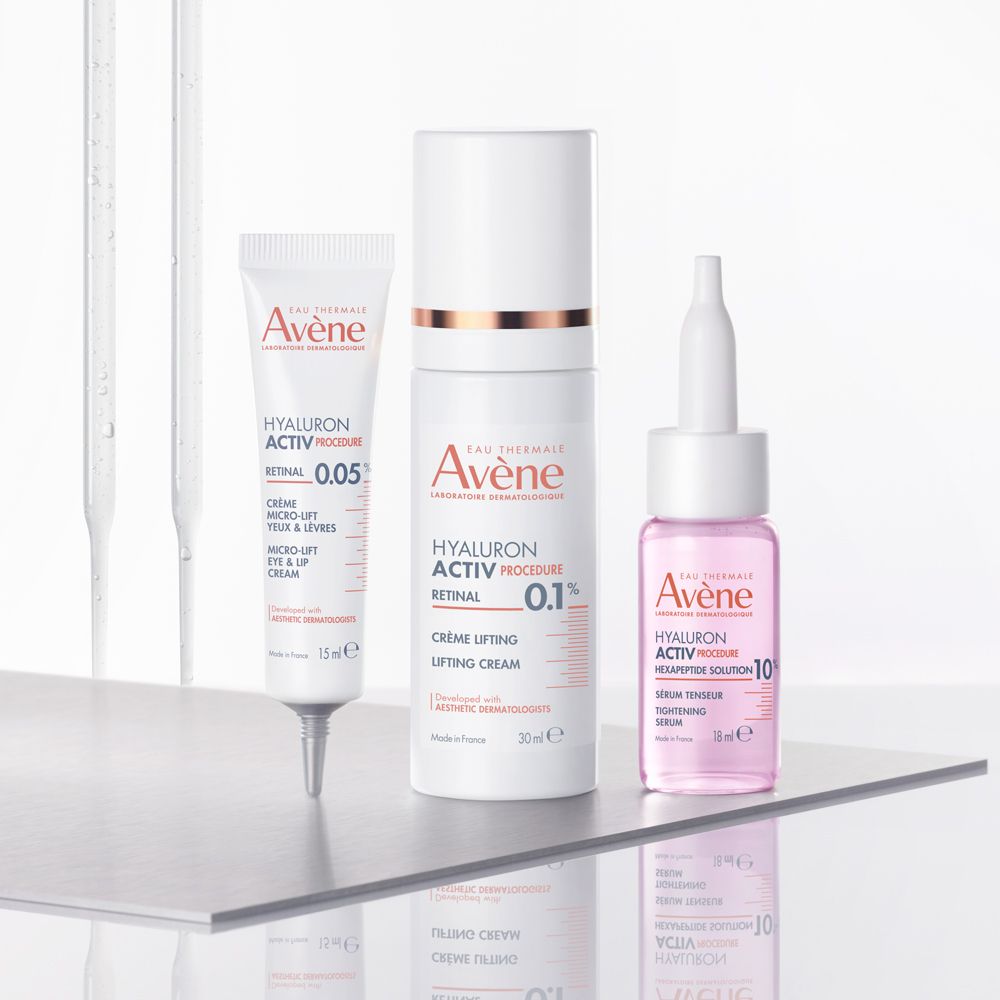 Drei Avène Produkte. HYALURON ACTIV PROCEDURE. Creme, Serum und Augencreme. 15ml, 30ml, 10ml.