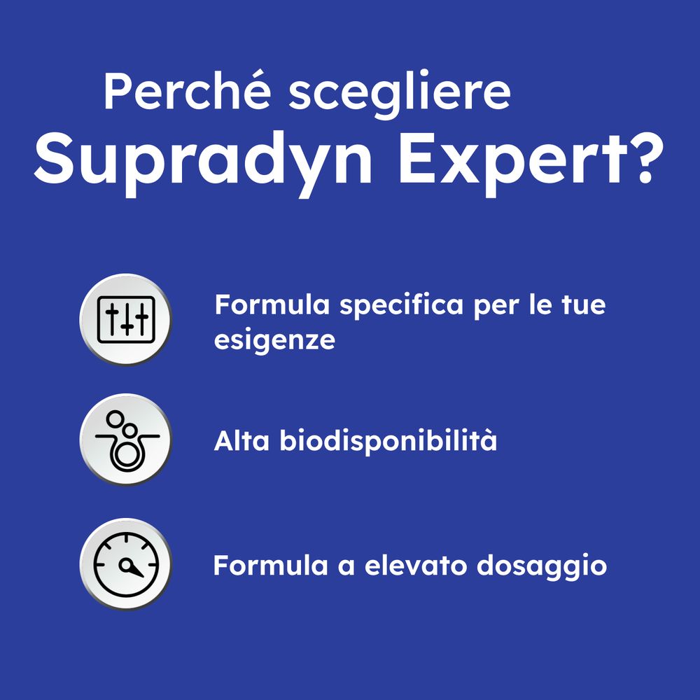 Grafica blu con testo: Perché scegliere Supradyn Expert? Formula specifica, alta biodisponibilità, alto dosaggio.