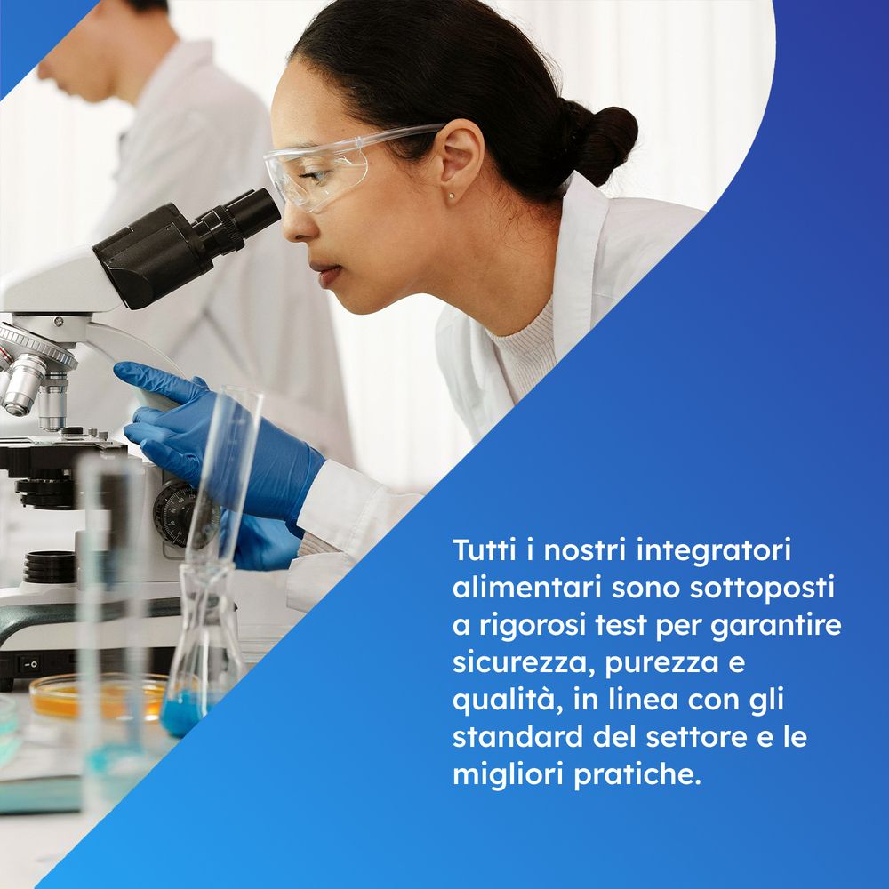 Scienziata in laboratorio. Testo: Tutti i nostri integratori alimentari sono sottoposti a test rigorosi.