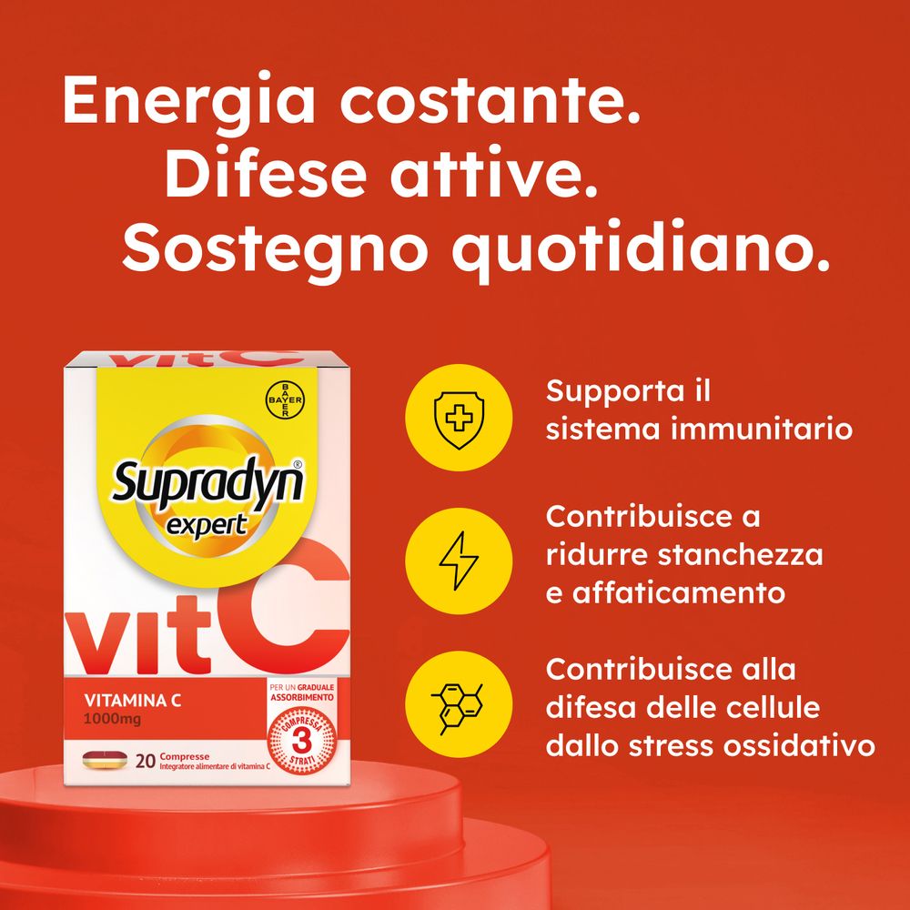 Testo su sfondo rosso. Energia, difese, supporto quotidiano. Confezione del prodotto sullo sfondo.