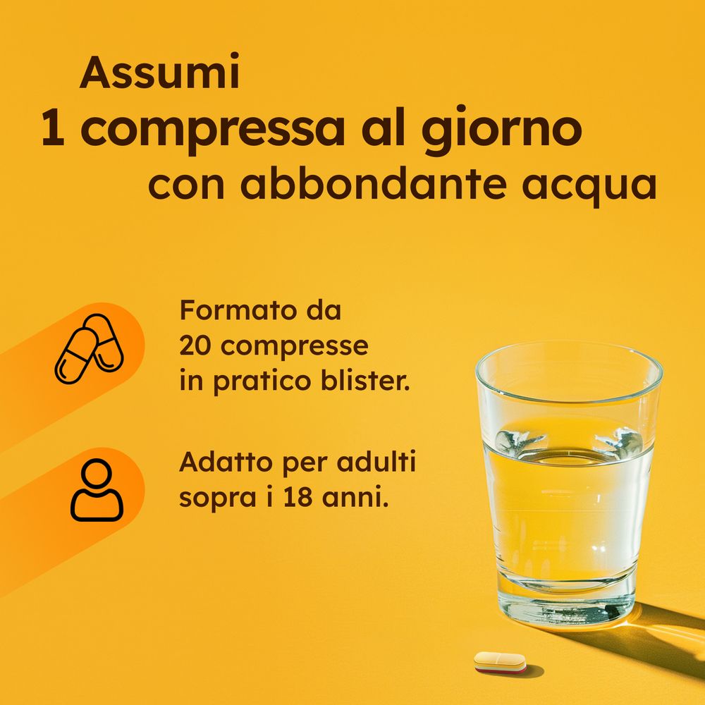 Istruzioni: 1 compressa al giorno con acqua. 20 compresse in blister. Per adulti.