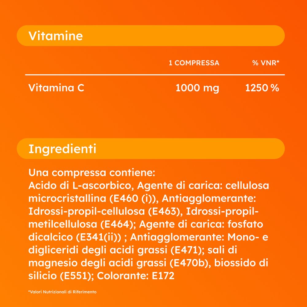 Tabella nutrizionale: Vitamina C 1000 mg, 1250% VNR. Ingredienti elencati.