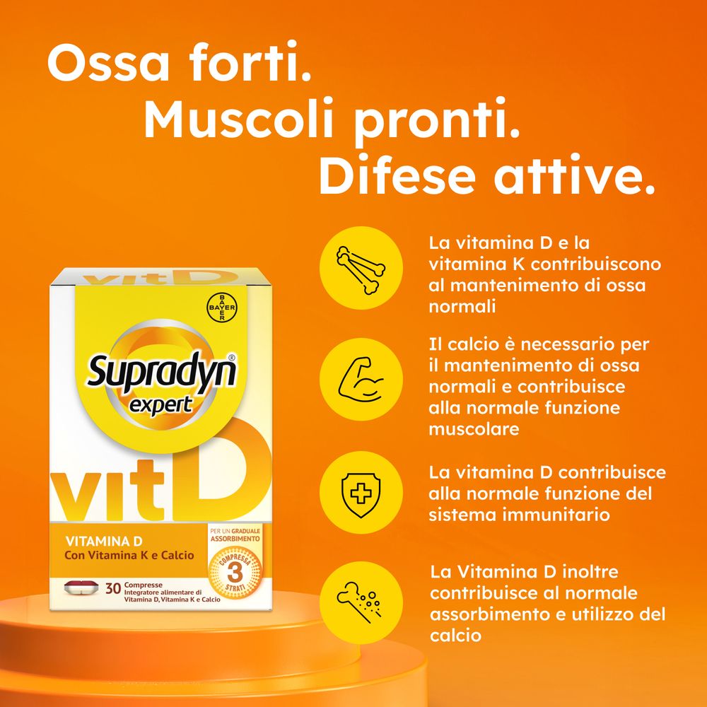 Sfondo arancione con testo e simboli. Ossa, muscoli, sistema immunitario.