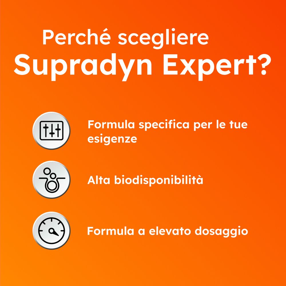 Sfondo giallo con testo e simboli. Vantaggi di Supradyn Expert.
