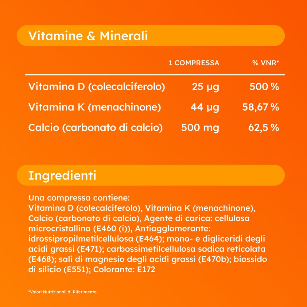 Tabella con ingredienti e valori nutrizionali. Sfondo giallo.