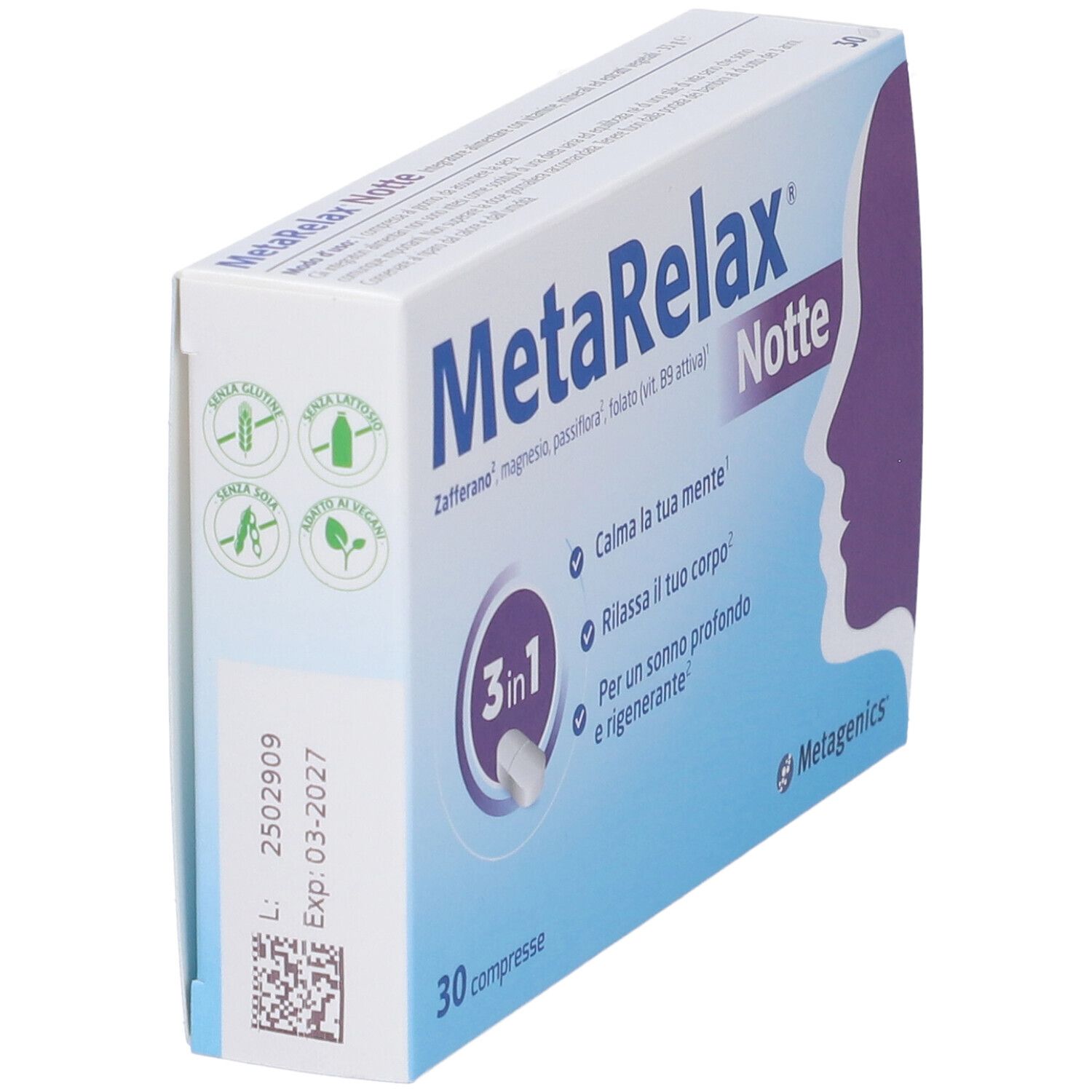 MetaRelax Notte Schachtel. Blaue Verpackung mit Produktnamen und Profil. 30 Tabletten. Metagenics Logo. Vegan-Siegel.