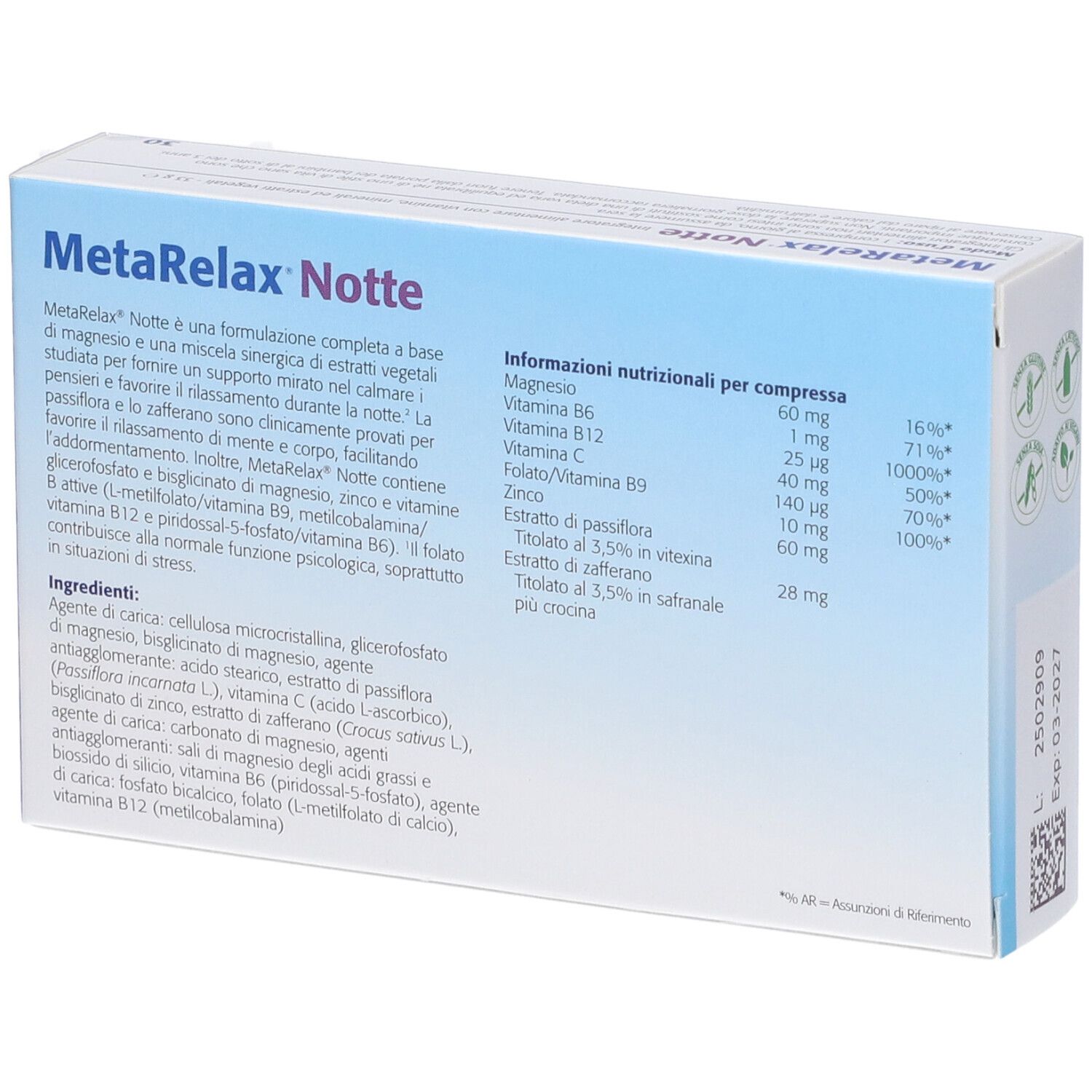 Rückseite der MetaRelax Notte Schachtel. Text mit Inhaltsstoffen und Nährwertangaben. Metagenics Logo.