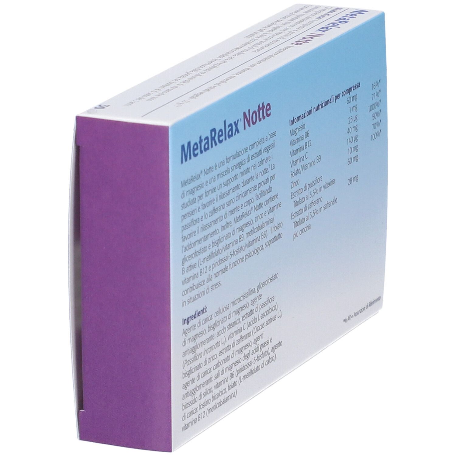 MetaRelax Notte Schachtel, Rückseite. Text mit Inhaltsstoffen und Nährwertangaben. Metagenics Logo.