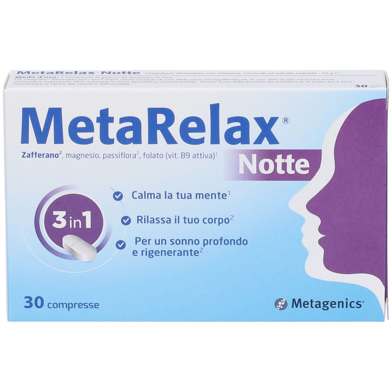 MetaRelax Notte Schachtel. Blaue Verpackung mit Produktnamen und Profil. 30 Tabletten. Metagenics Logo.