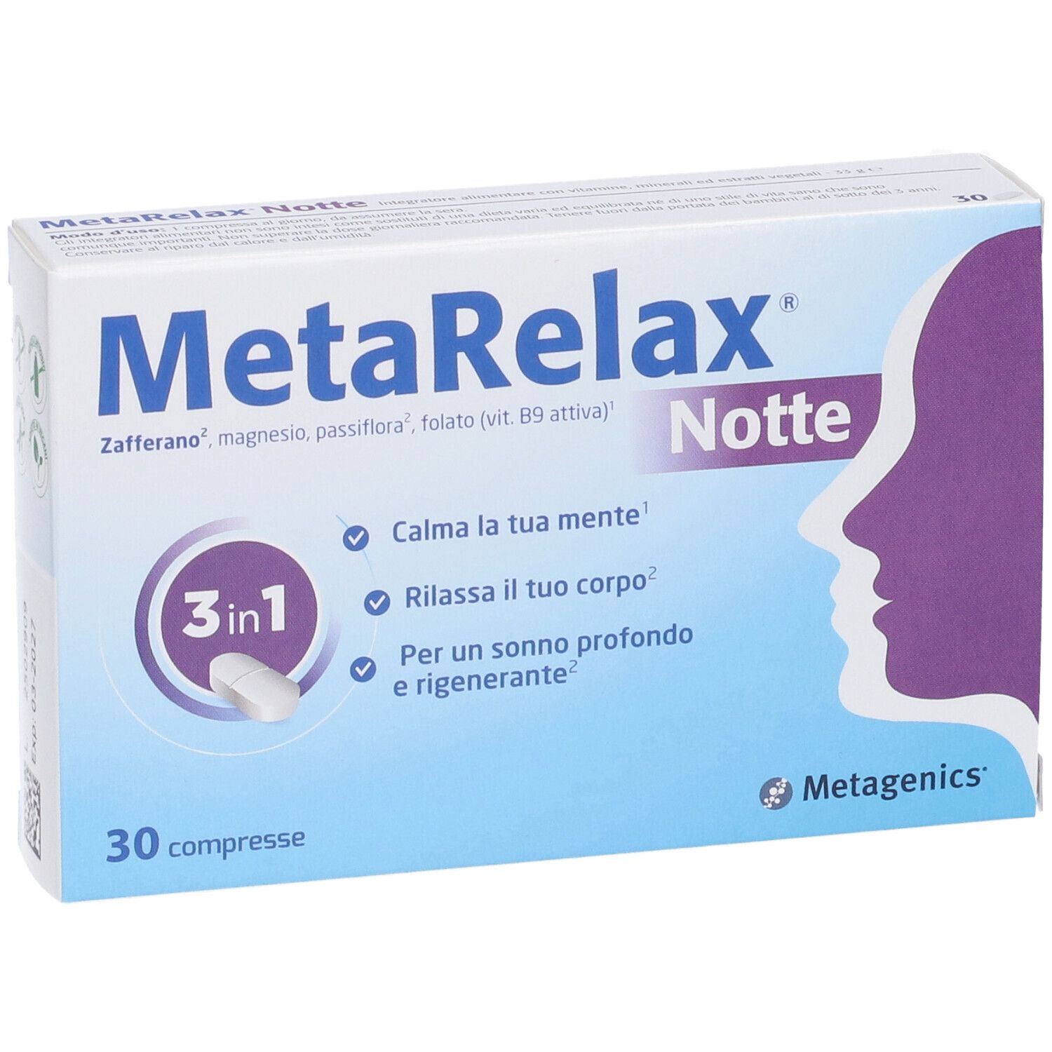 MetaRelax Notte Schachtel. Blaue Verpackung mit Produktnamen und Profil. 30 Tabletten. Metagenics Logo.