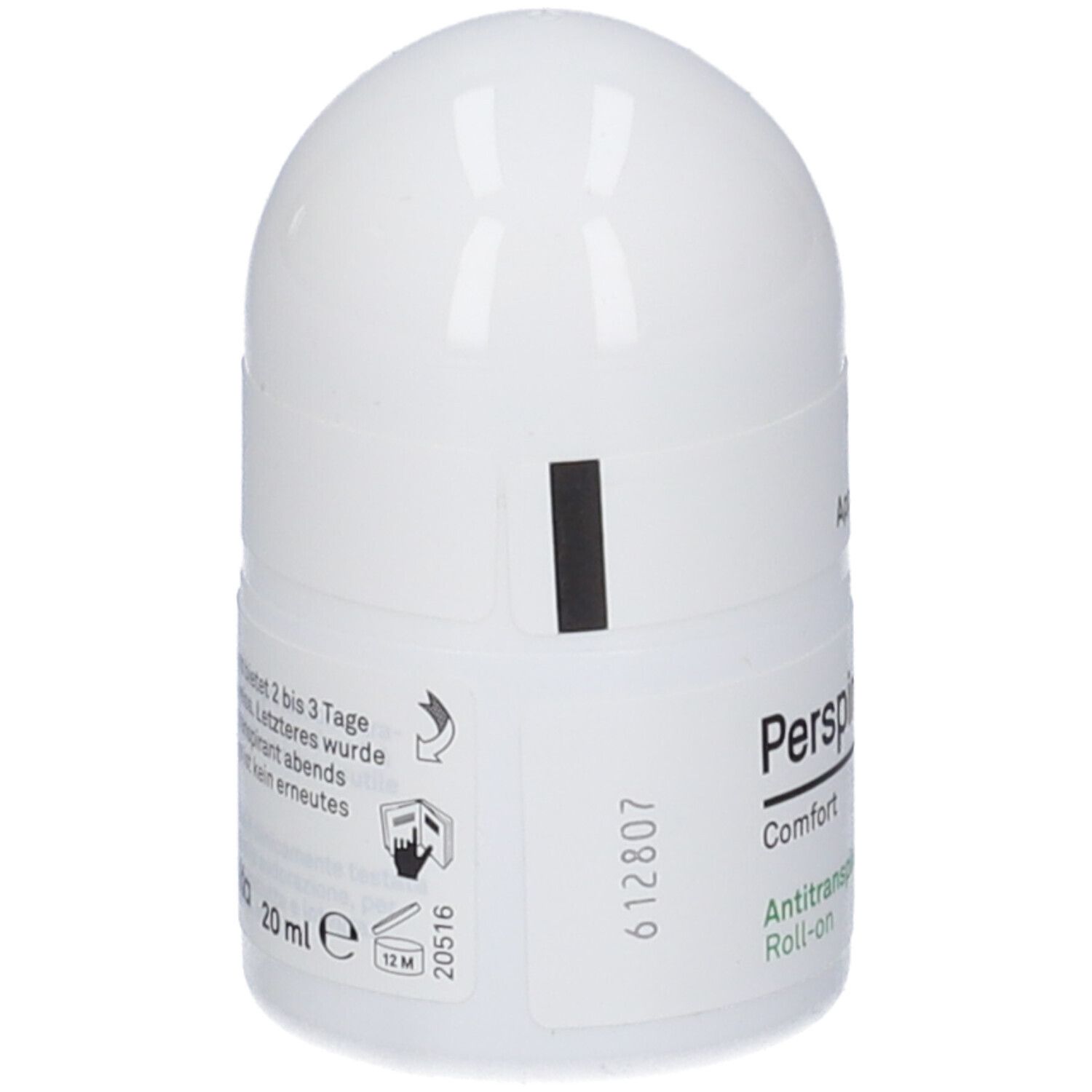Weißer Roll-on Deodorant. Rückseite mit Text und Symbolen. Text: 20 ml, 12M. Produktname: Perspirex Comfort.