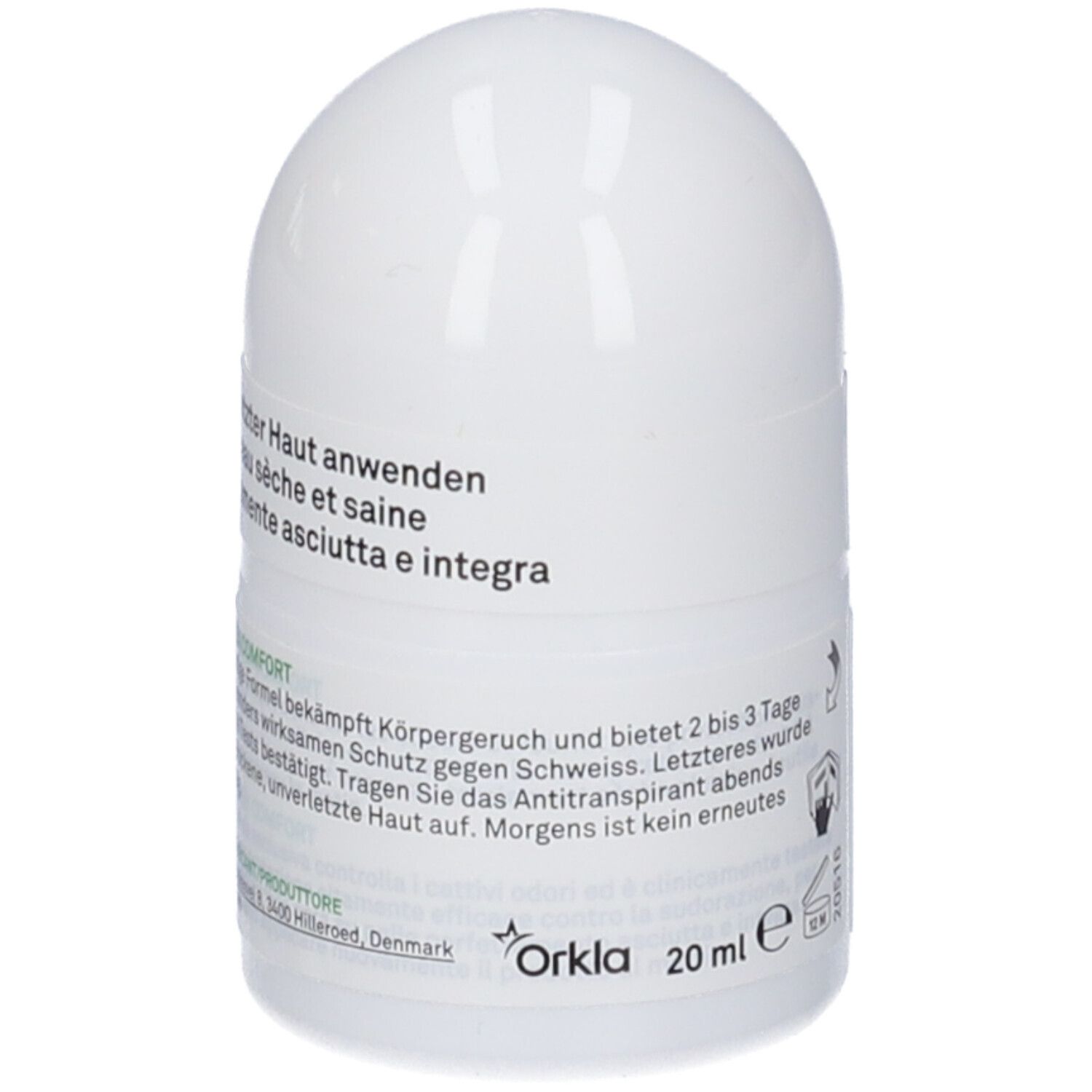 Weißer Roll-on Deodorant. Text auf dem Produkt: 20 ml. Herstellerinformationen. Produktname: Perspirex Comfort.