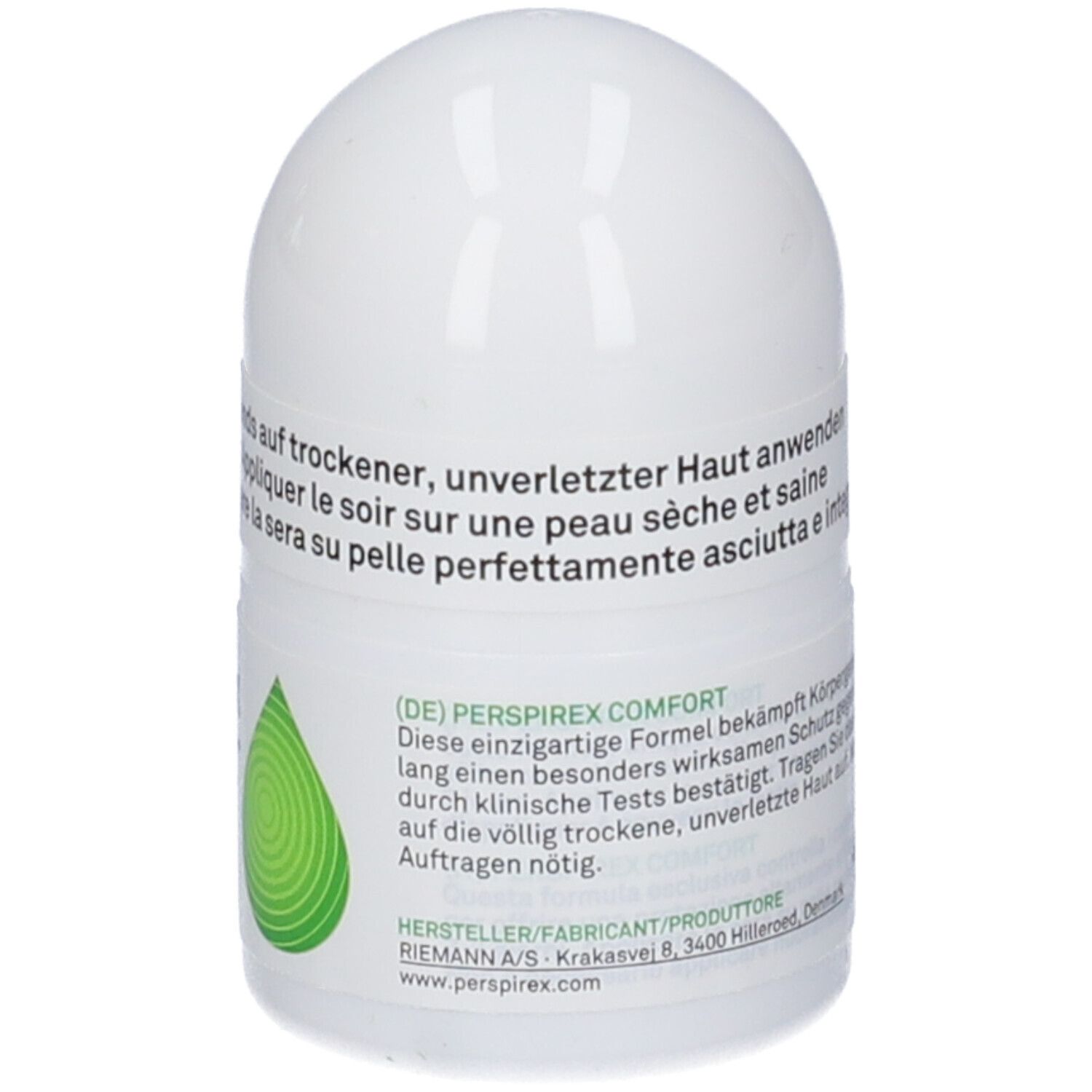 Weißer Roll-on Deodorant. Text auf dem Produkt. Herstellerinformationen. Produktname: Perspirex Comfort. Grünes Logo.