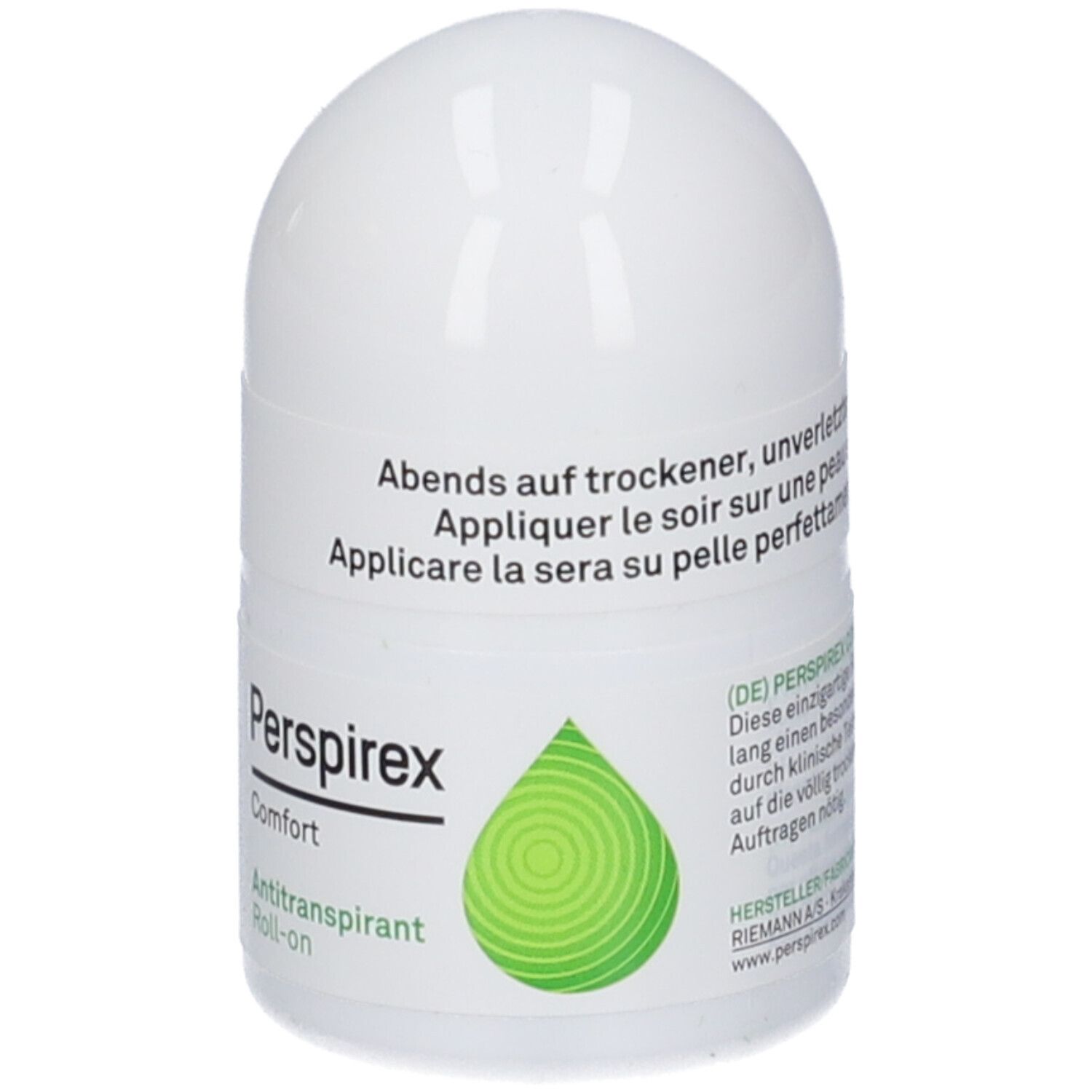 Weißer Roll-on Deodorant. Produktname: Perspirex Comfort. Grünes Logo. Text: Antitranspirant Roll-on. Text.