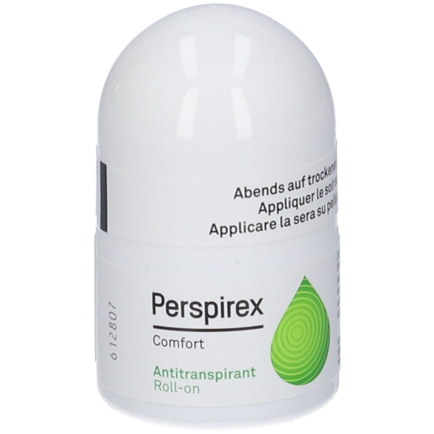 Weißer Roll-on Deodorant. Produktname: Perspirex Comfort. Grünes Logo. Text: Antitranspirant Roll-on. Text.