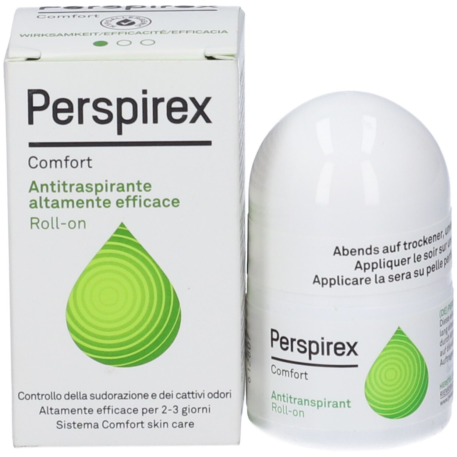 Perspirex Comfort Roll-on und Verpackung. Weiße Verpackung mit Produktnamen und grünen Logo. Text.