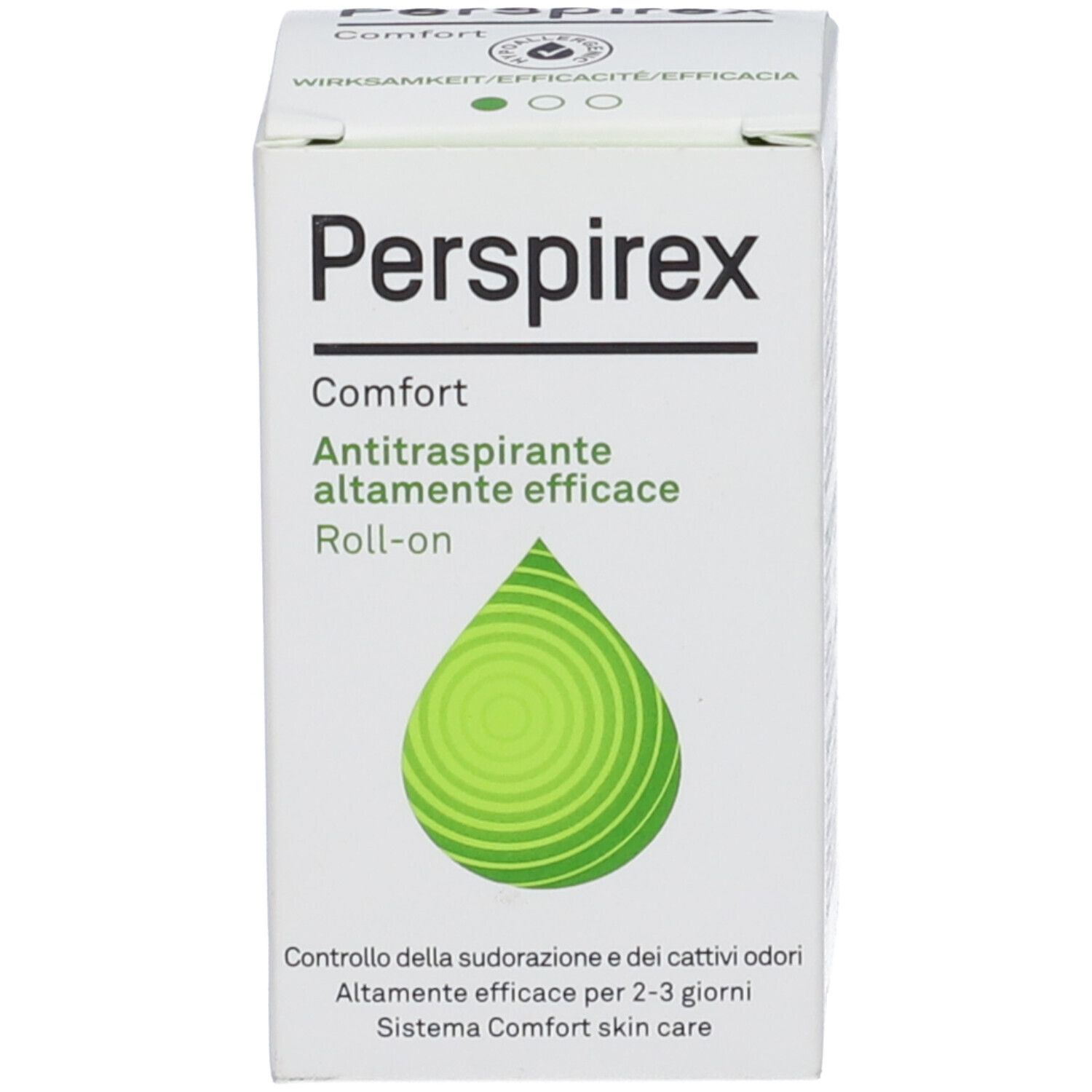 Weiße Verpackung mit Produktnamen: Perspirex Comfort. Grünes Logo. Text: Antitranspirante, Roll-on. Text.