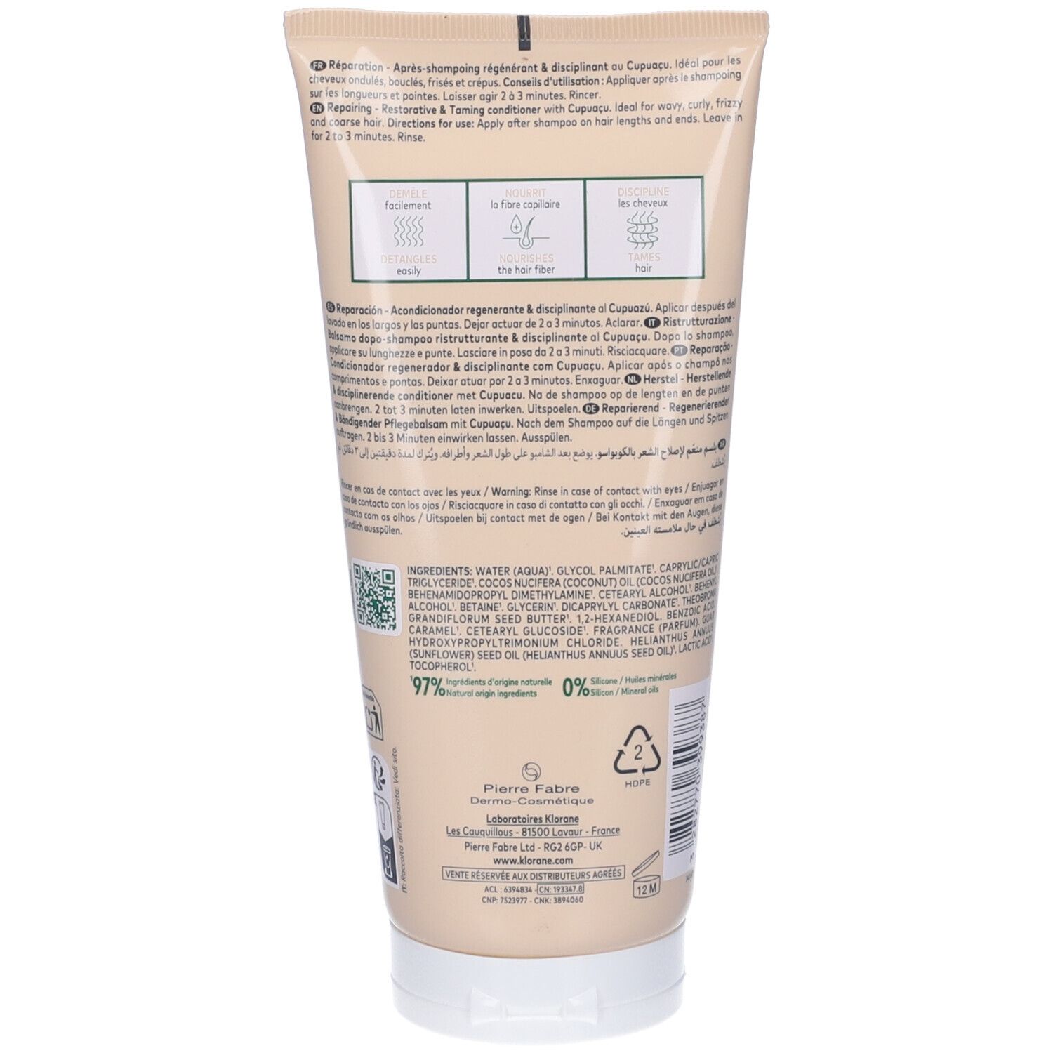 Retro del tubo Klorane Cupuaçu Balsamo Capelli. Testo, ingredienti, istruzioni e simbolo di riciclaggio.