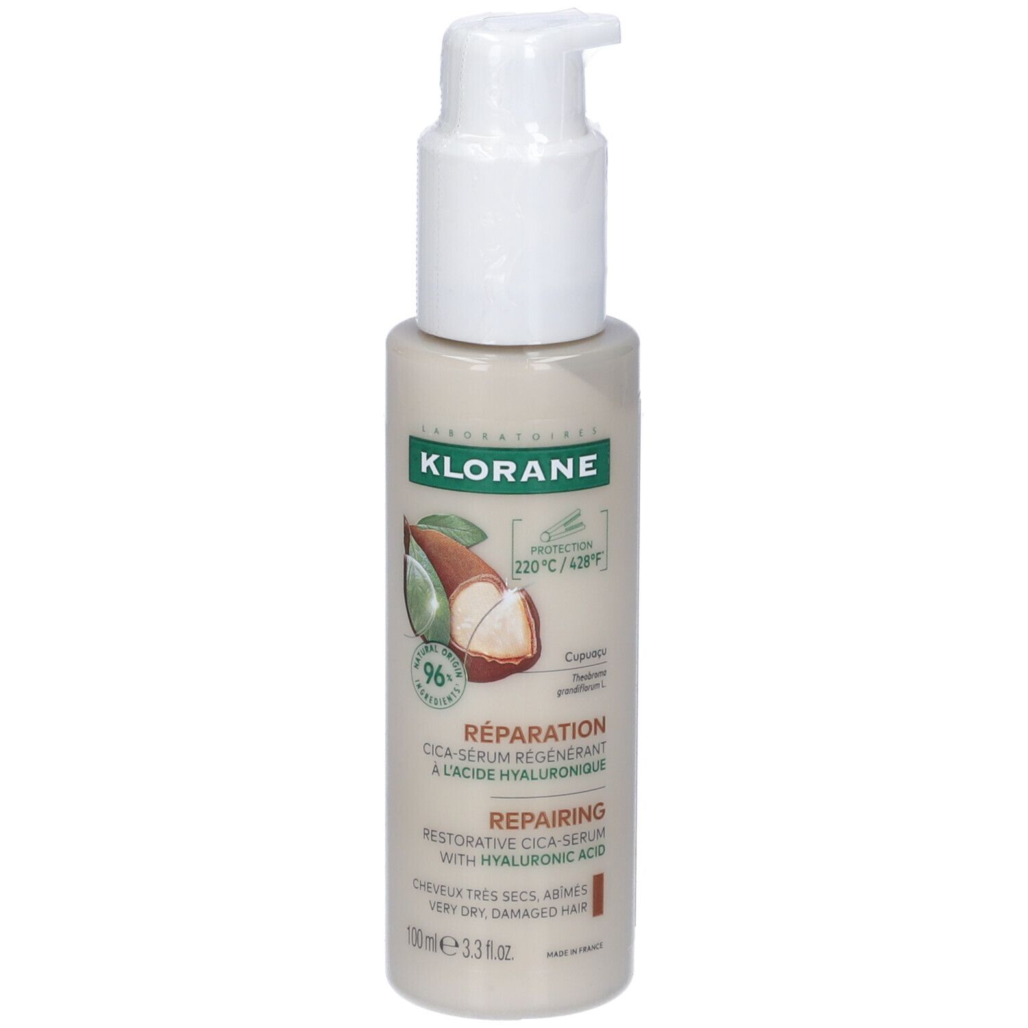 Flacone beige con erogatore bianco. Scritta: Klorane, Réparation, Cica-Serum régénérant à l'acide hyaluronique.