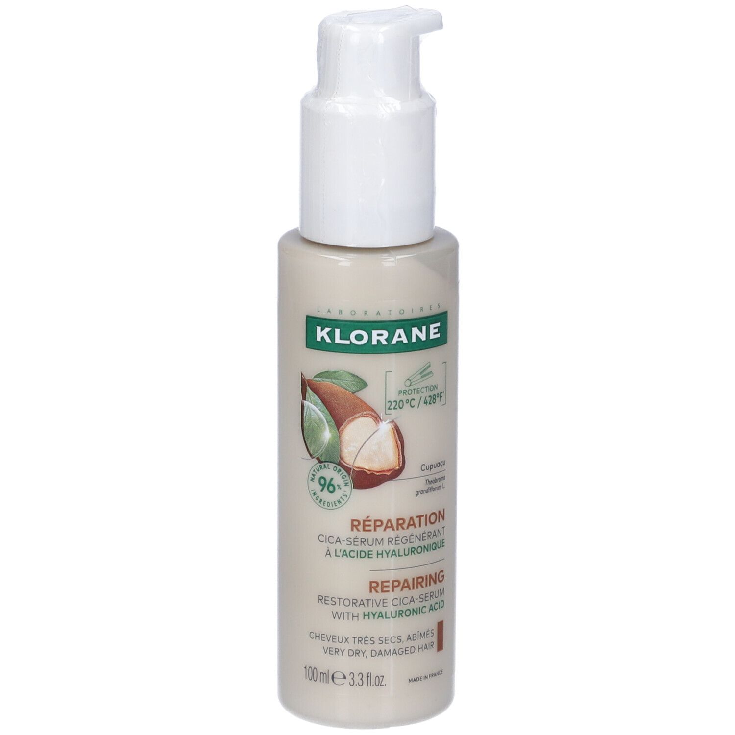 Flacone beige con erogatore bianco. Scritta: Klorane, Réparation, Cica-Serum régénérant à l'acide hyaluronique.