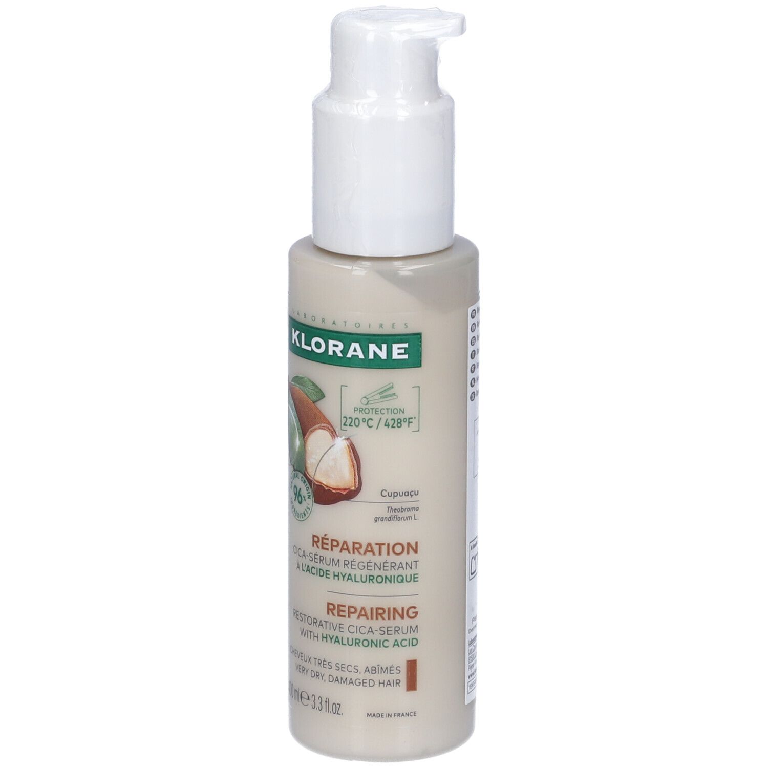 Flacone beige con erogatore bianco. Scritta: Klorane, Réparation, Cica-Serum régénérant à l'acide hyaluronique.