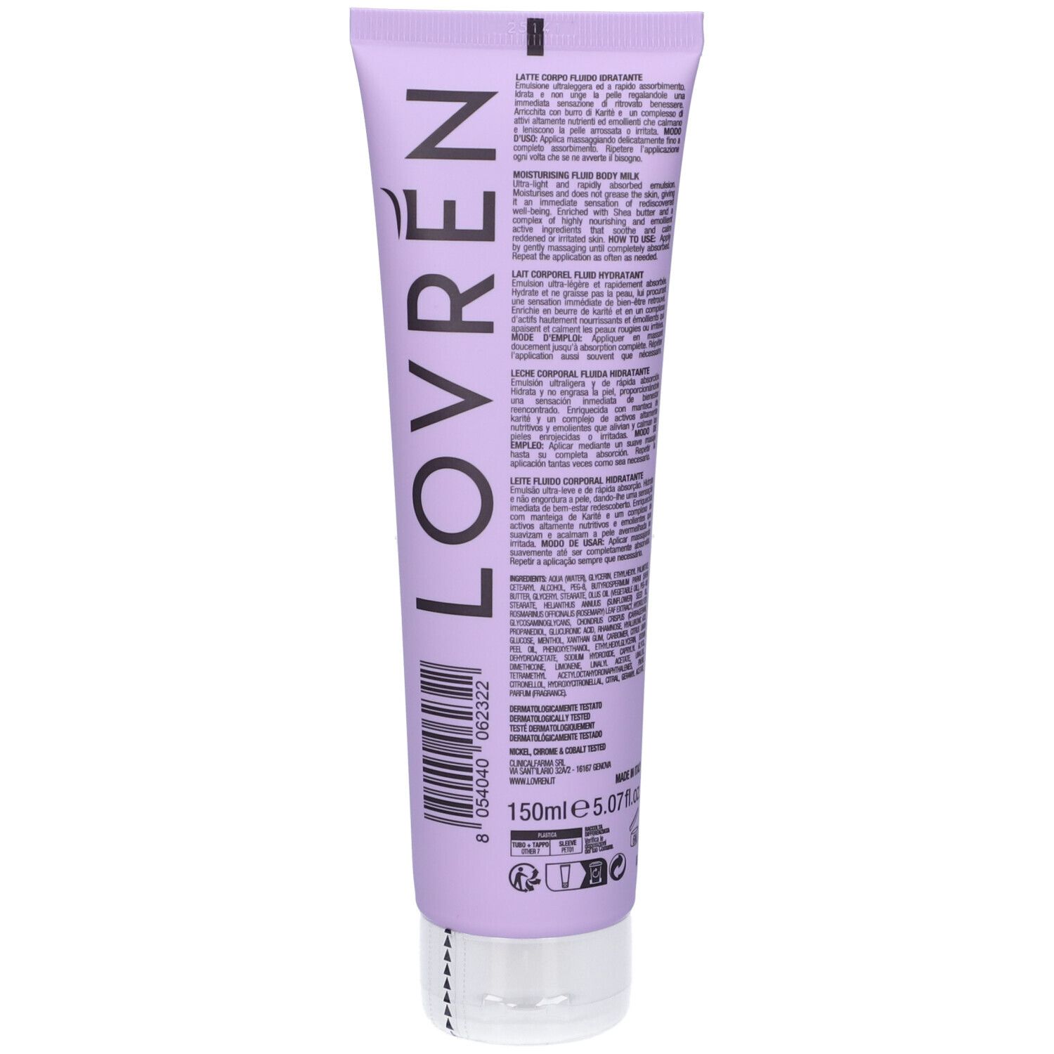 Lila Tube mit weißem Deckel. Aufschrift: Lovren. Text und Barcode. Volumen: 150ml.