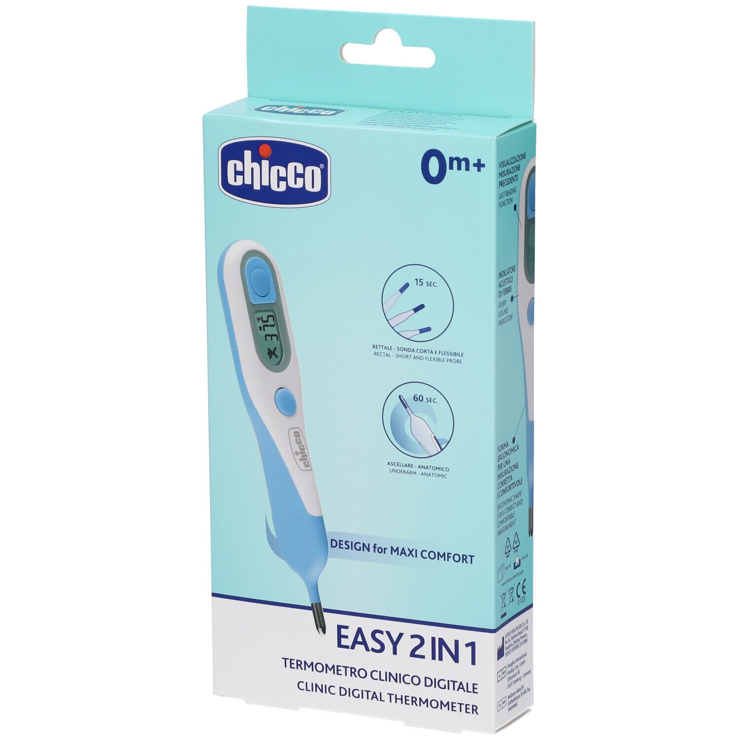 Chicco Easy 2In1 Digitalthermometer in hellblauer Verpackung mit Produktabbildung.