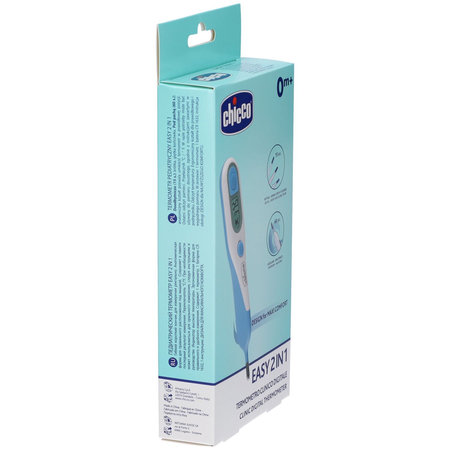 Seite der Chicco Easy 2In1 Digitalthermometer-Verpackung mit Text und Produktabbildung.