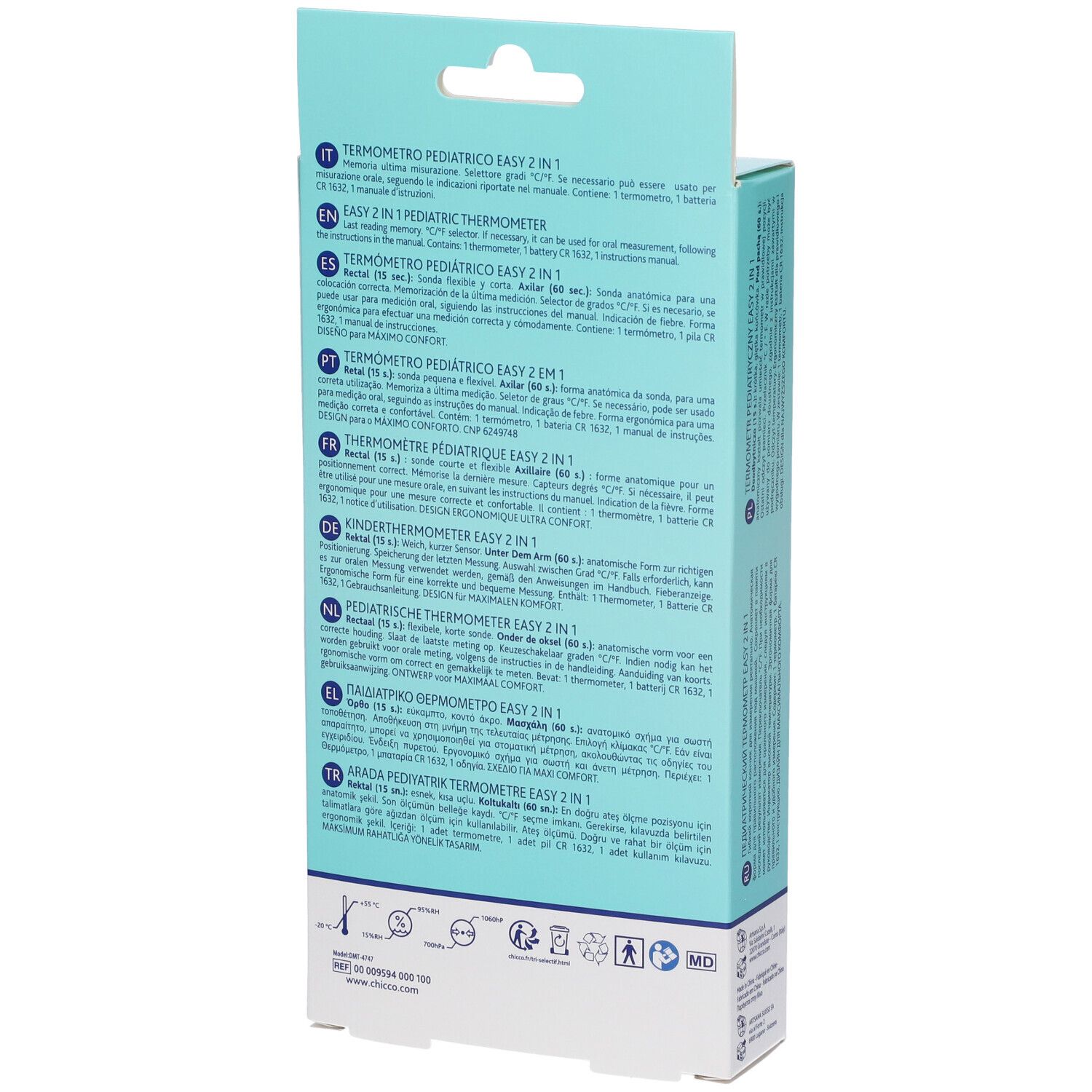Rückseite der Chicco Easy 2In1 Digitalthermometer-Verpackung mit mehrsprachigen Informationen.