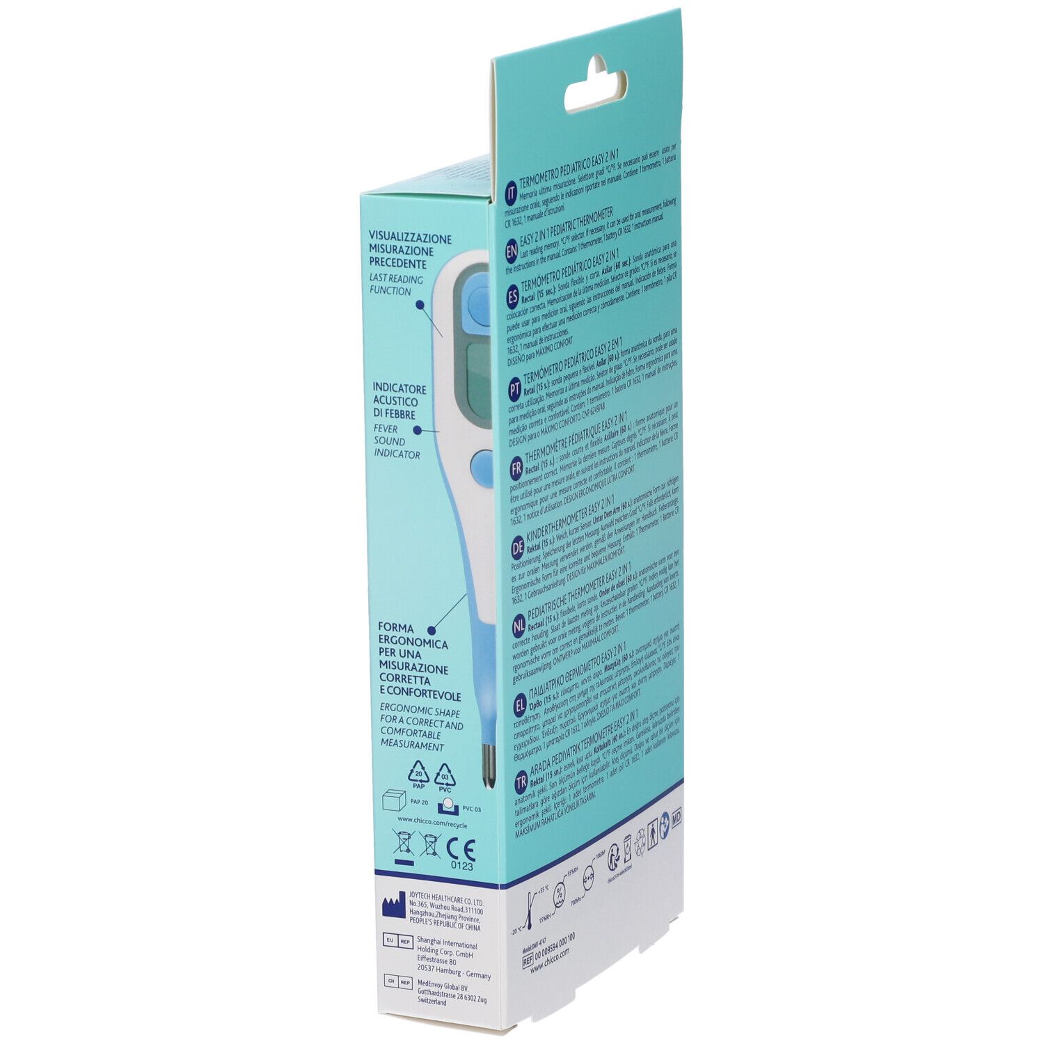 Seite der Chicco Easy 2In1 Digitalthermometer-Verpackung mit Text und Produktabbildung.