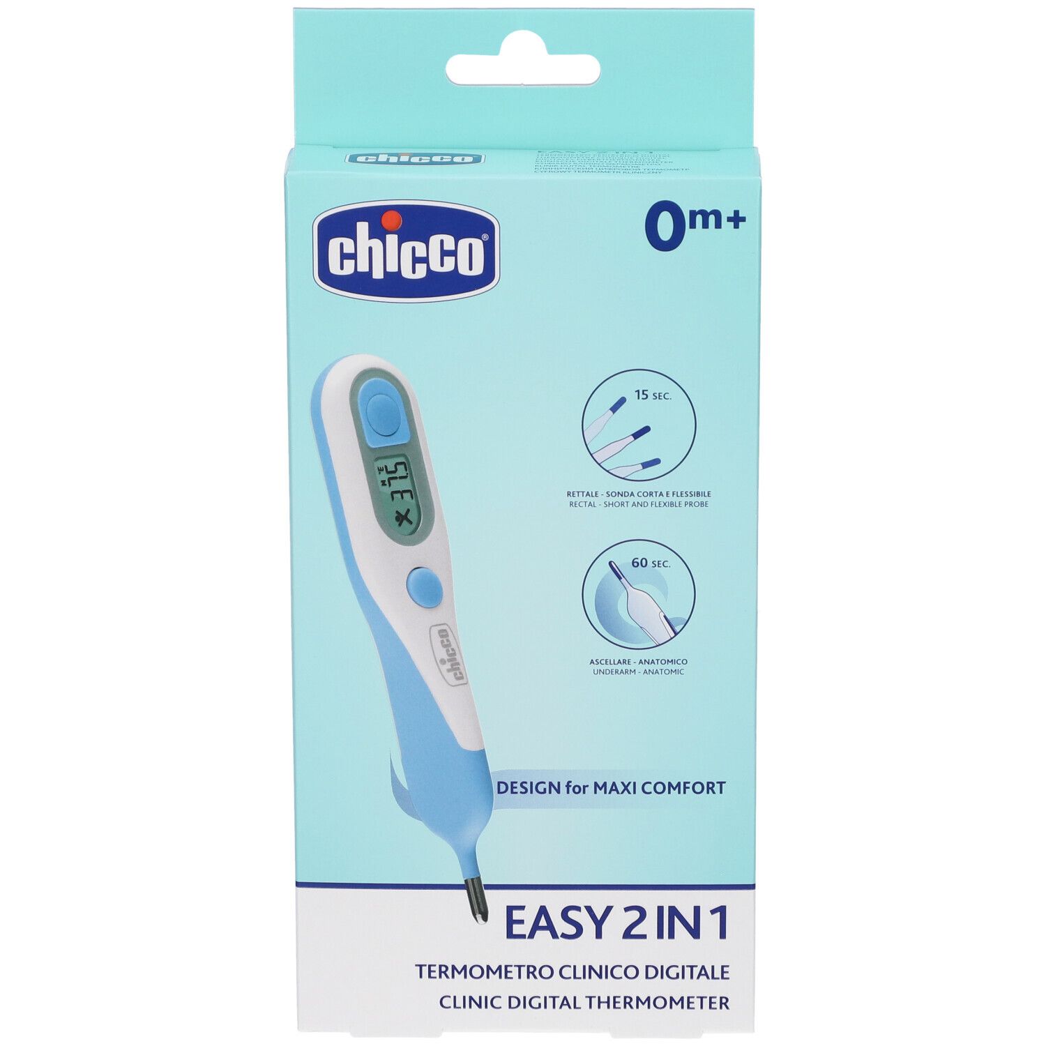 Chicco Easy 2In1 Digitalthermometer in hellblauer Verpackung mit Produktabbildung.