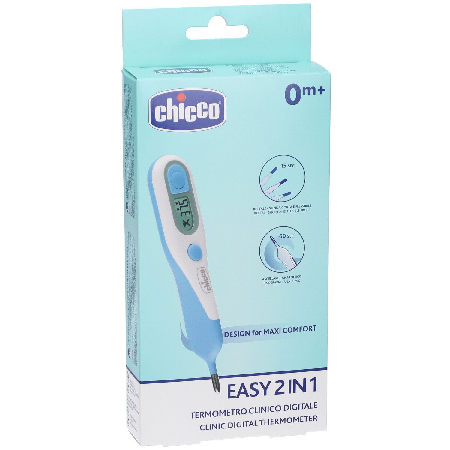 Chicco Easy 2In1 Digitalthermometer in hellblauer Verpackung mit Produktabbildung.