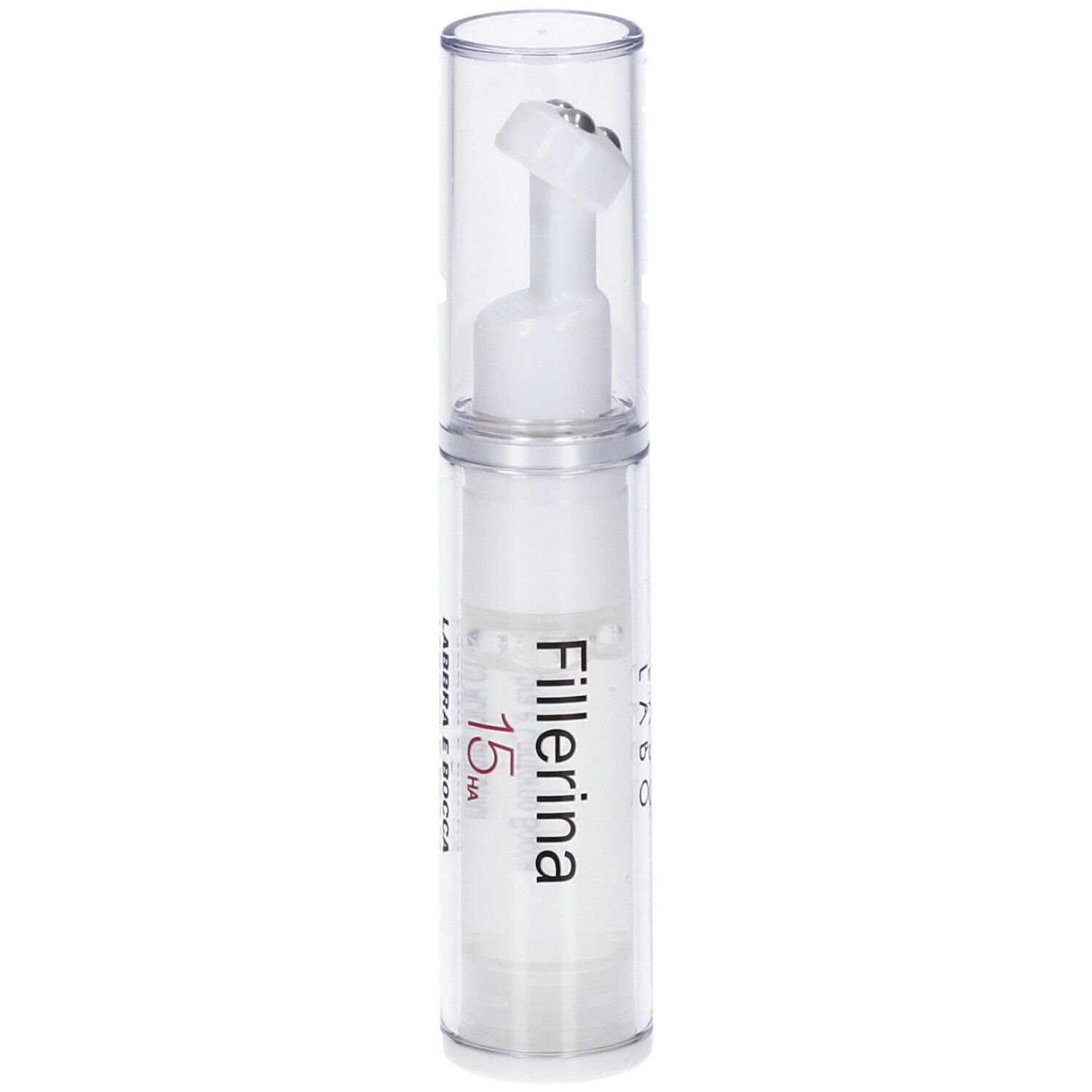 Flacone trasparente con applicatore bianco. Scritta: Fillerina 15 HA Labbra e Bocca.