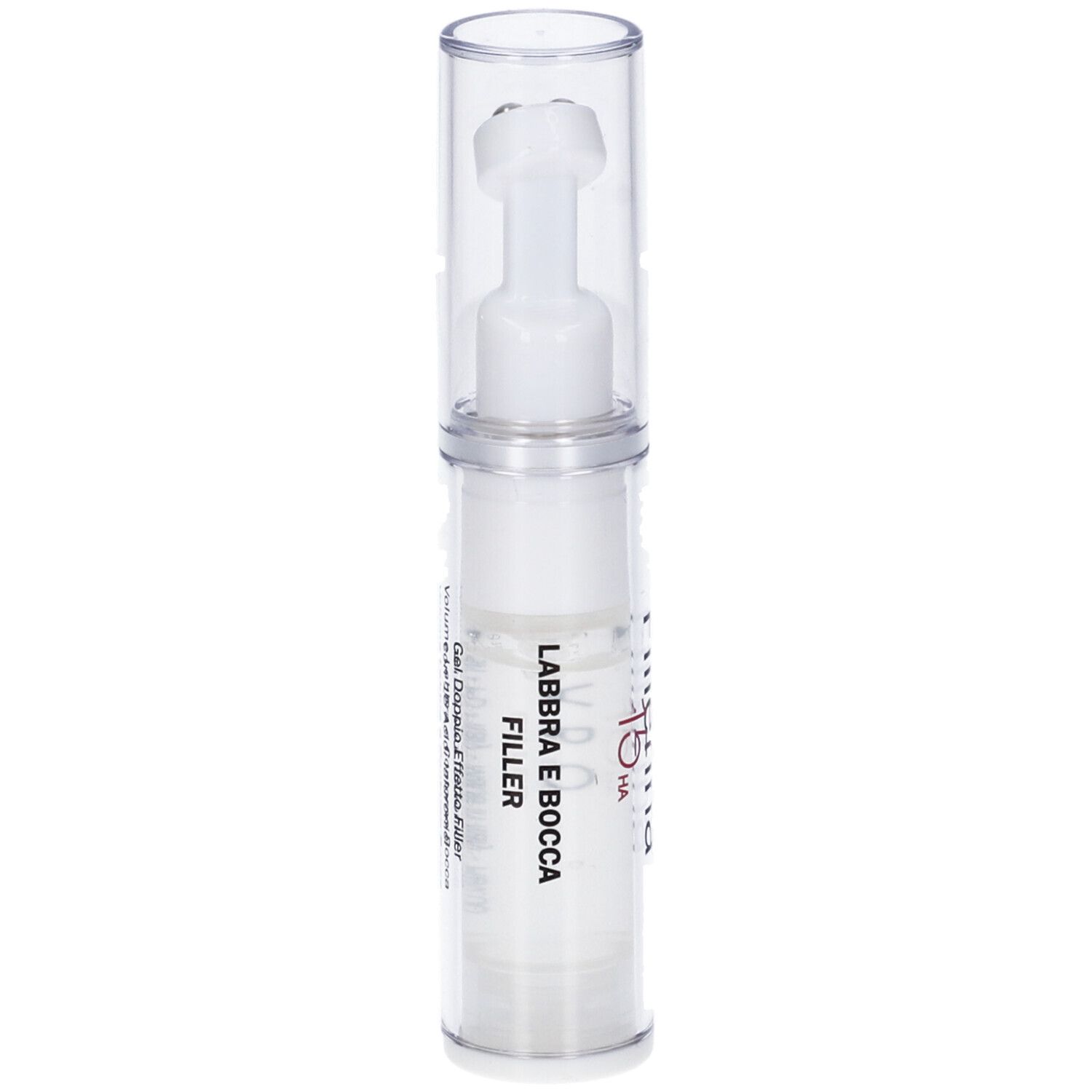 Flacone trasparente con applicatore bianco. Scritta: Labbra e Bocca Filler.