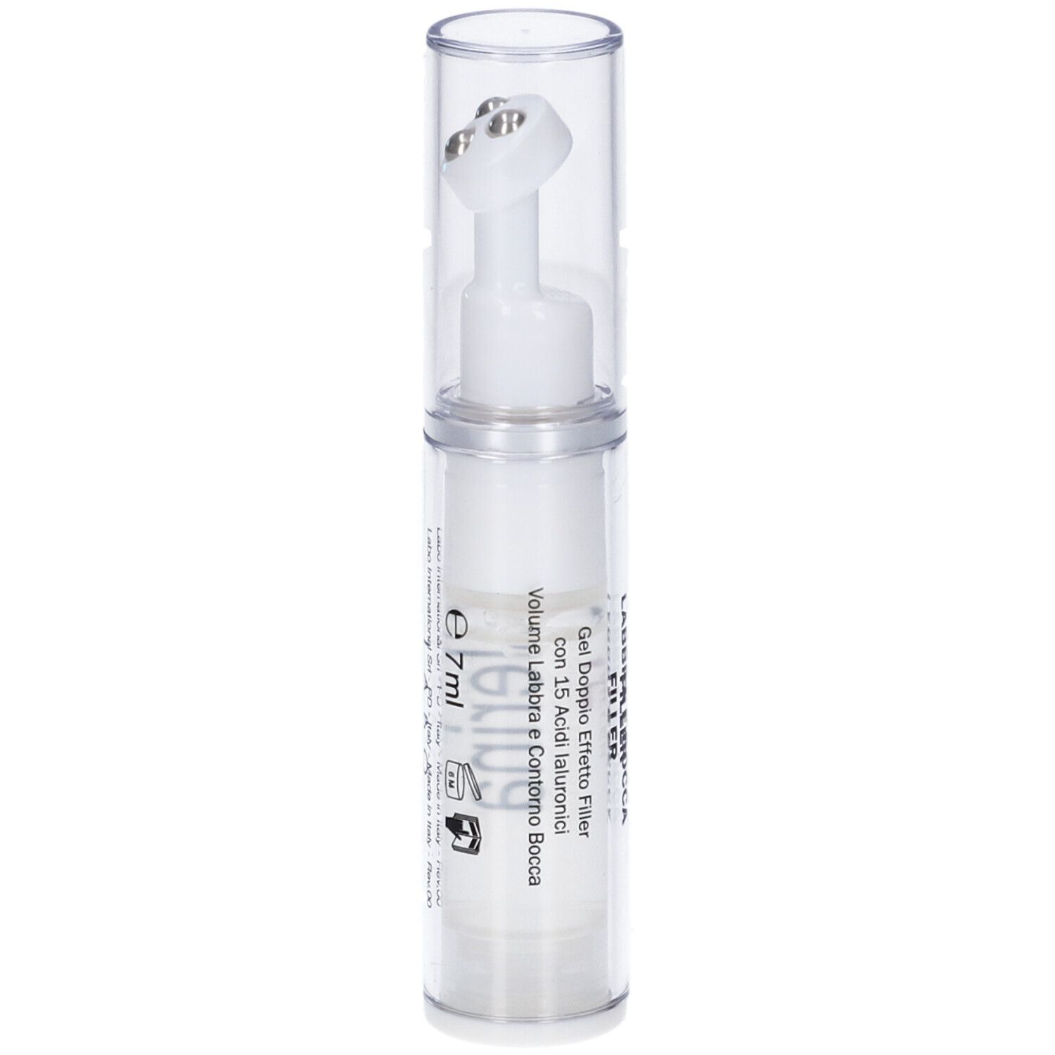 Flacone trasparente con applicatore bianco a sfere metalliche. Scritta: Fillerina, 7ml.