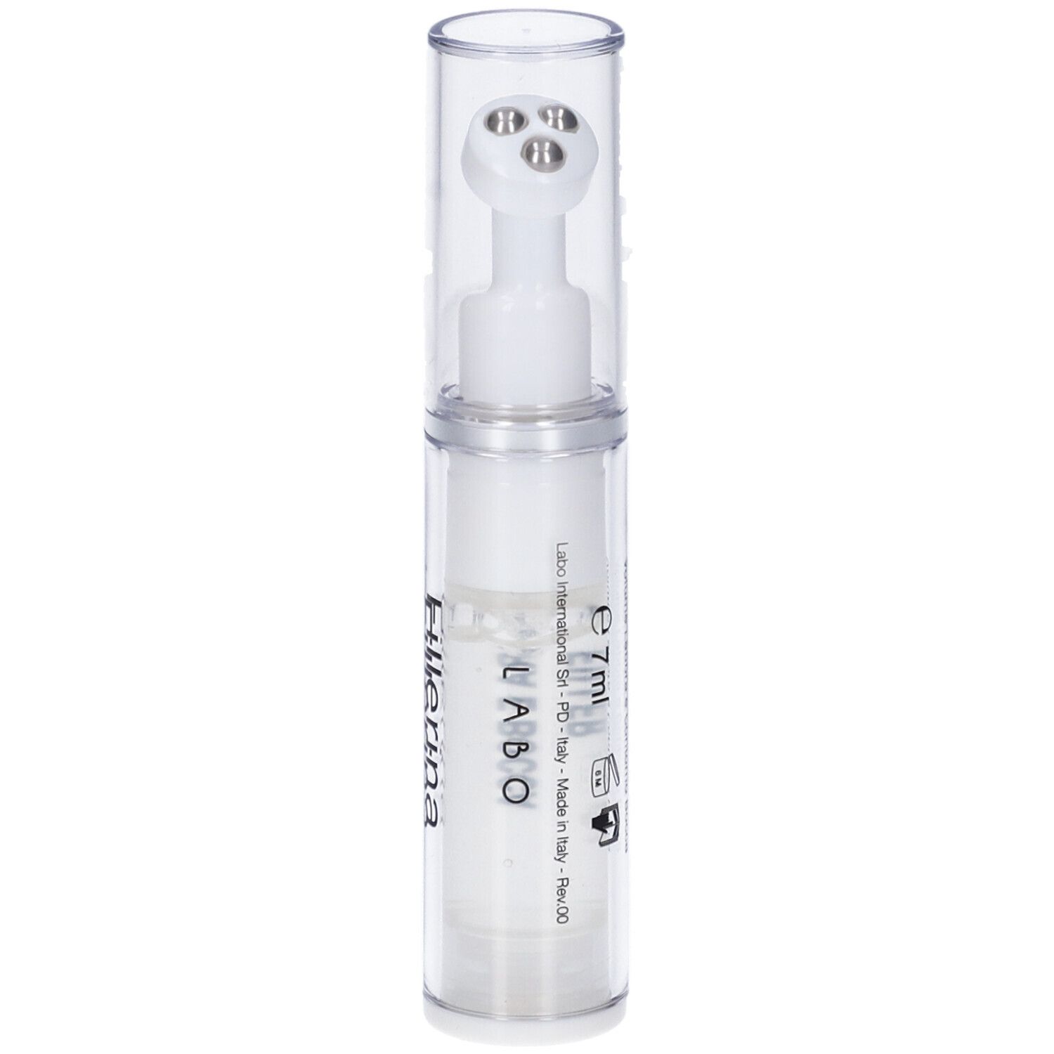 Flacone trasparente con applicatore bianco a sfere metalliche. Scritta: Fillerina, 7ml.