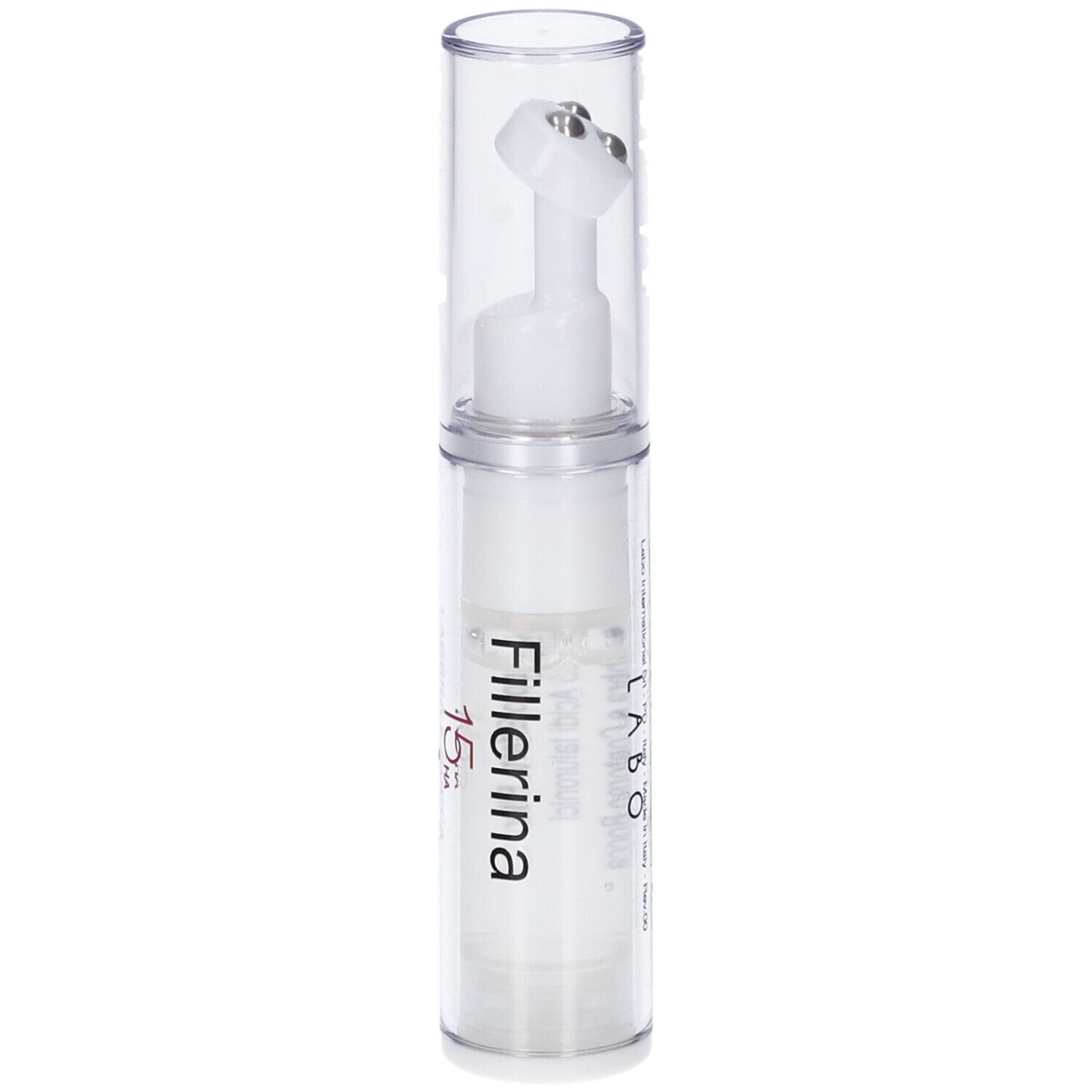 Flacone trasparente con applicatore bianco. Scritta: Fillerina 15 HA.