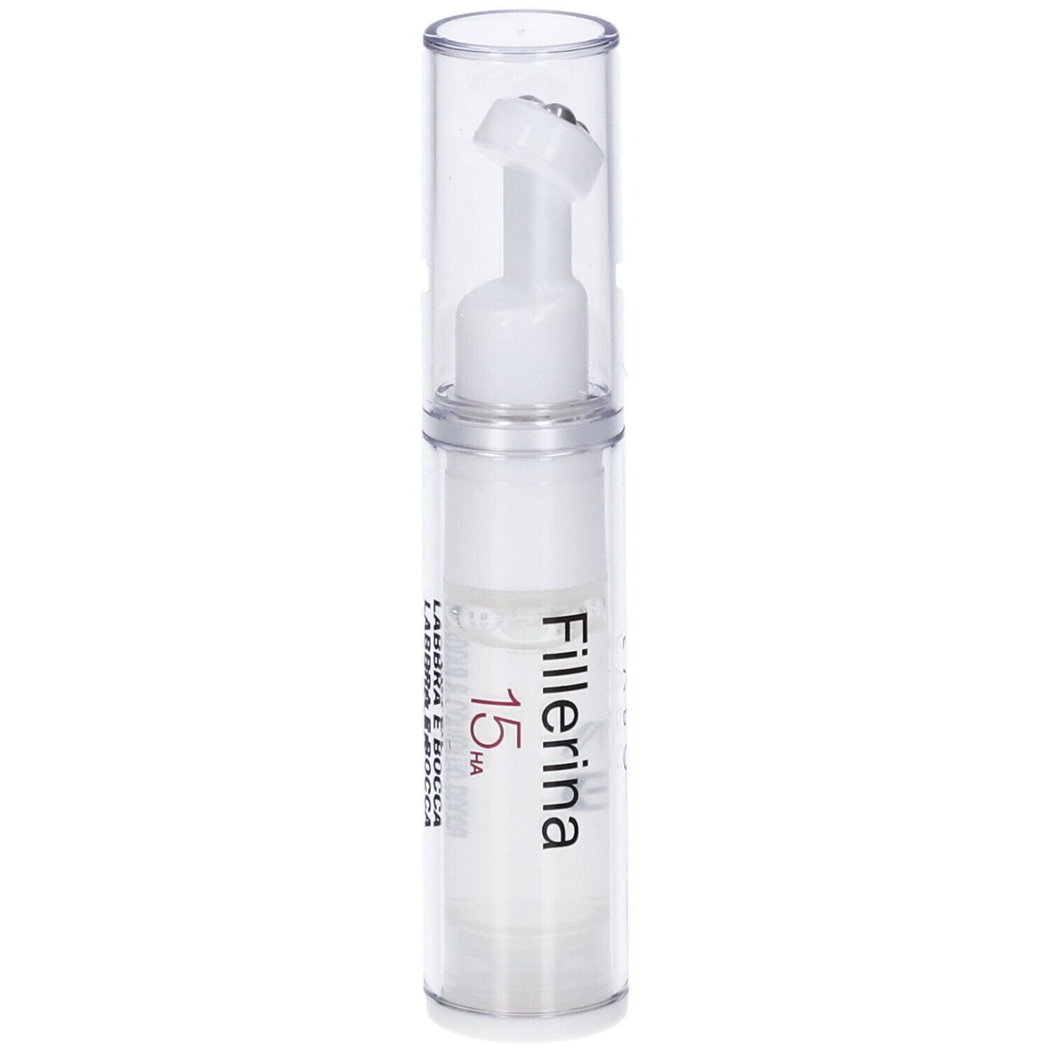 Flacone trasparente con applicatore bianco. Scritta: Fillerina 15 HA Labbra e Bocca.