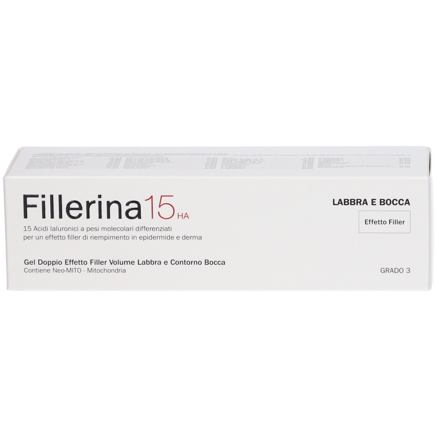 Scatola bianca con informazioni sul prodotto. Scritta: Fillerina 15 HA, Labbra e Bocca, Grado 3.