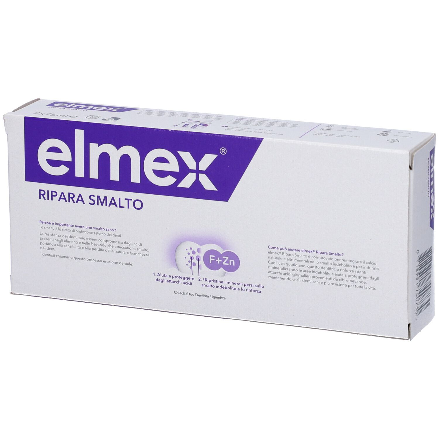 Elmex Ripara Smalto Karton mit F+Zn Formel.