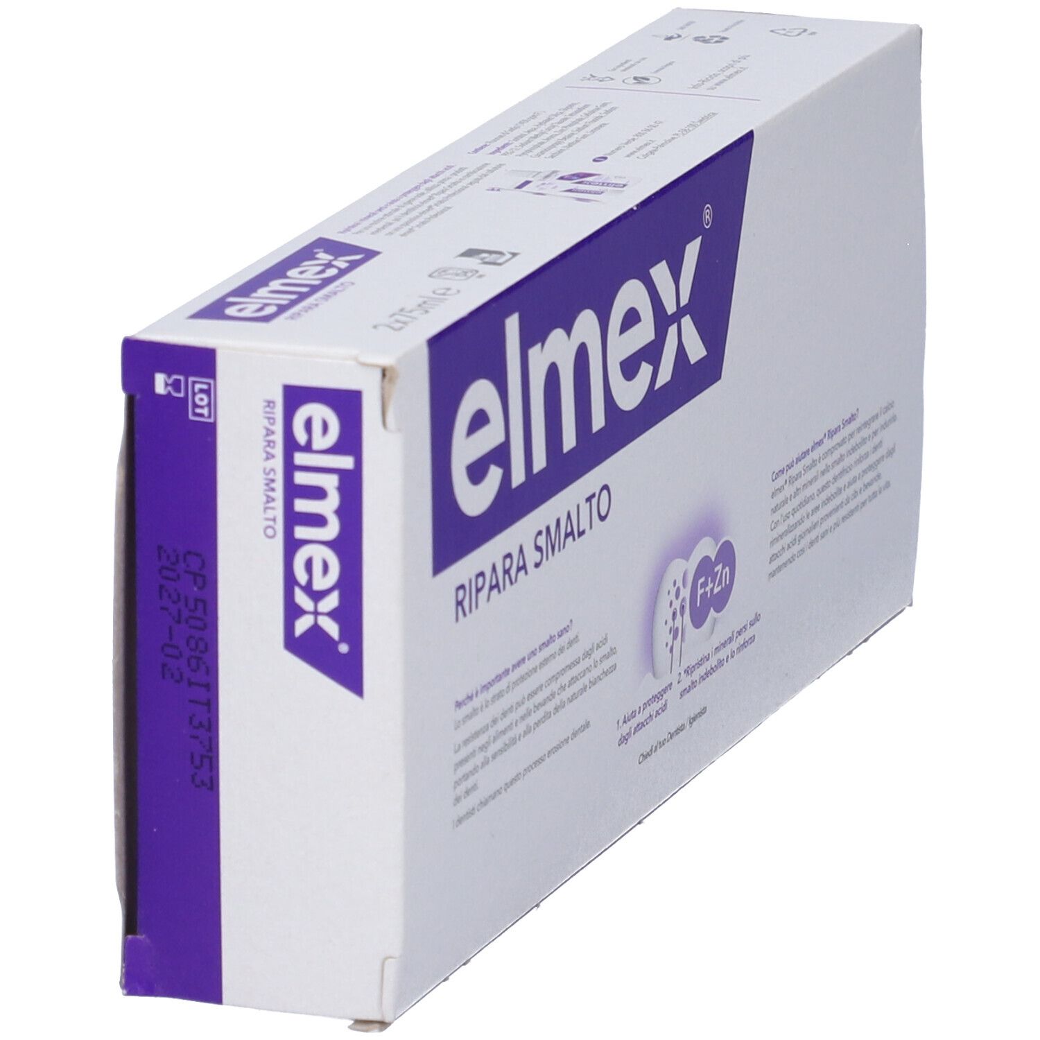 Elmex Ripara Smalto Zahnpastaschachtel mit Elmex-Logo und Produktinformationen.