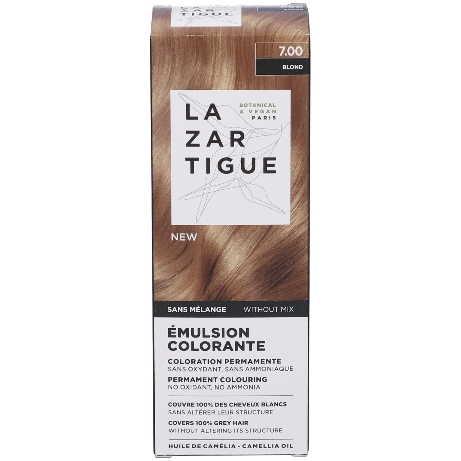Confezione del prodotto con scatola. Scatola con nome del prodotto e tonalità 7.00 Blond. Logo Vegan.
