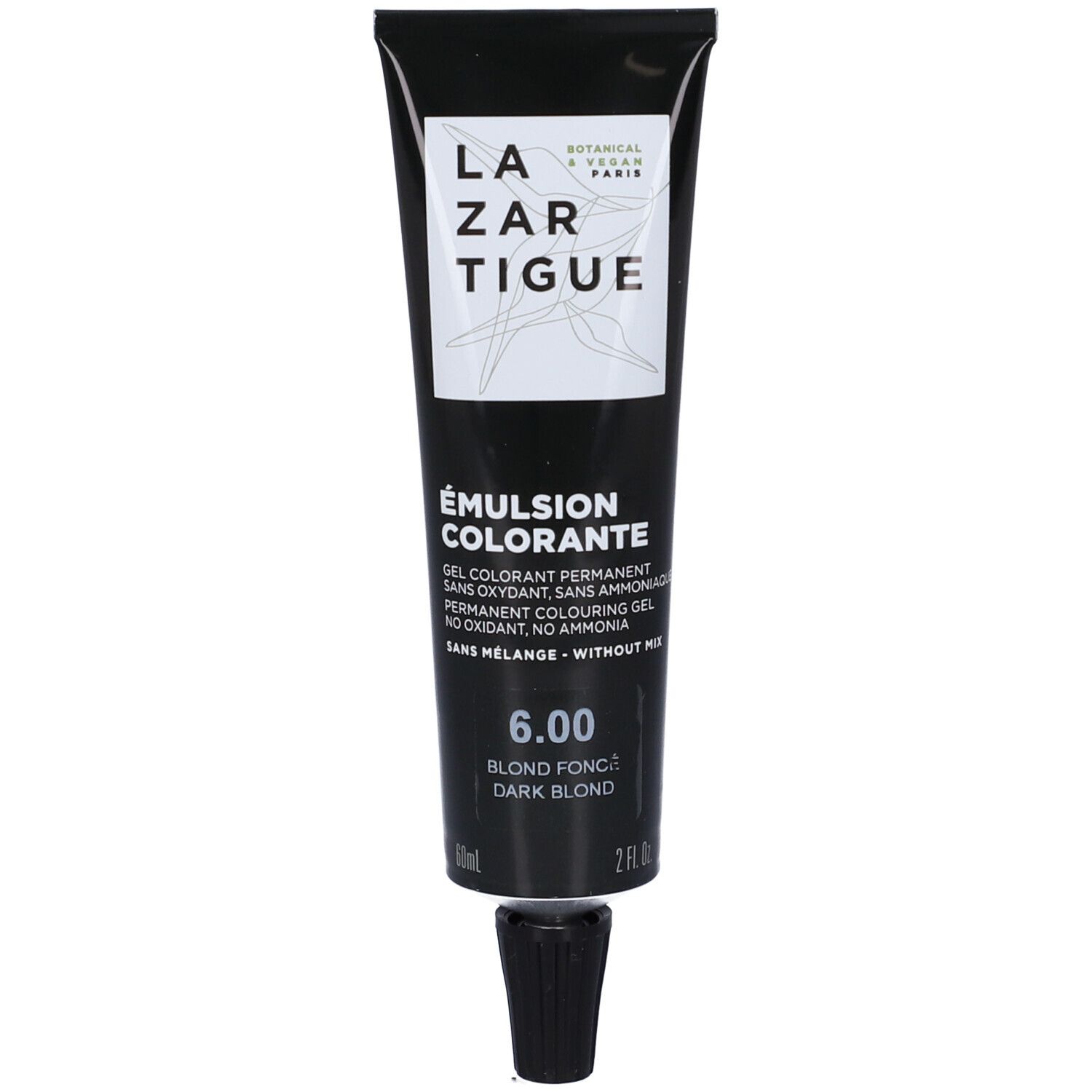 Tubo nero Lazartigue Emulsion Colorante 6.00 Dark Blond. Scritta: Émulsion Colorante, 6.00, Blond Foncè, Dark Blond.