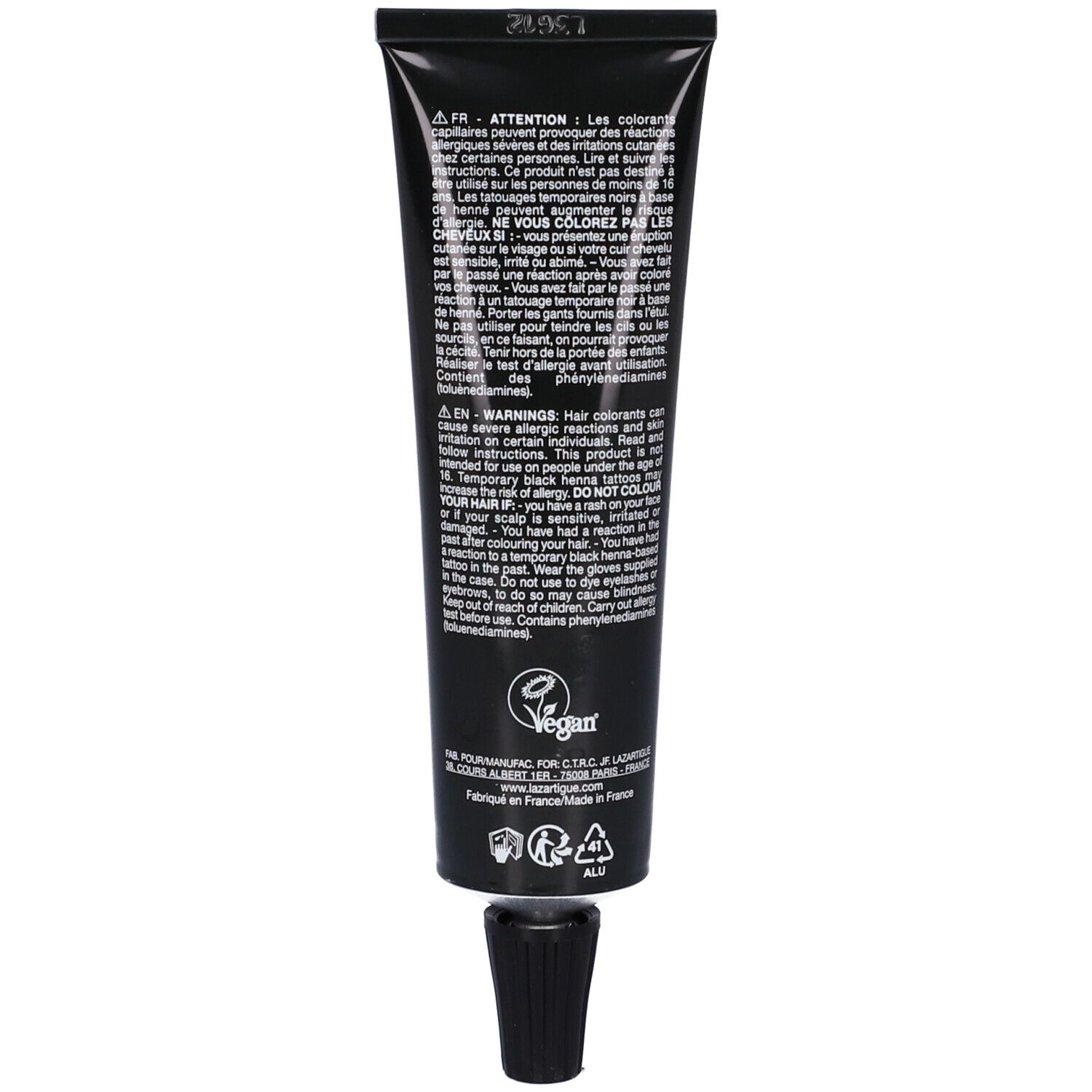 Retro del tubo nero Lazartigue. Testo multilingue. Logo Vegan. Prodotto in Francia.