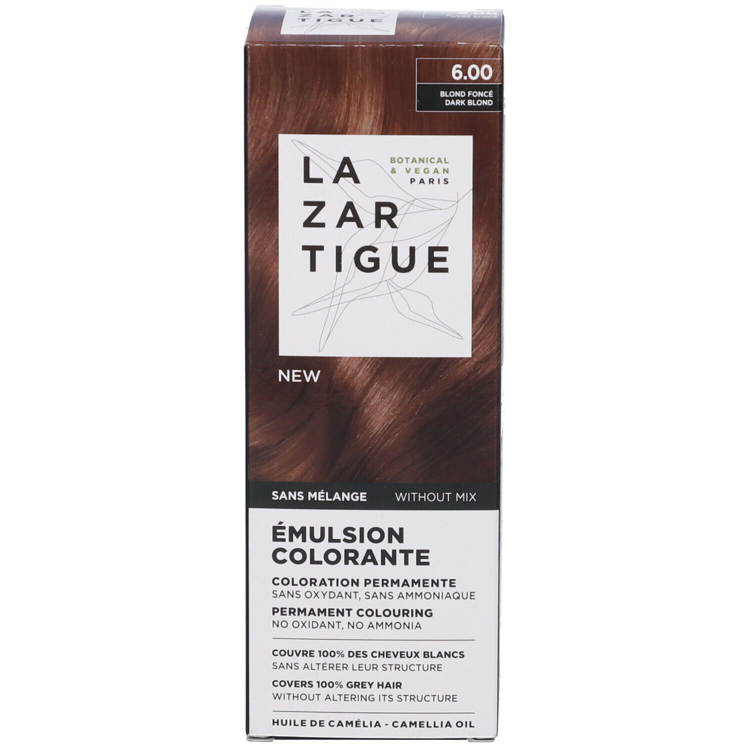 Confezione Lazartigue Emulsion Colorante 6.00 Dark Blond. Scritta: Émulsion Colorante, 6.00, Blond Foncè, Dark Blond.