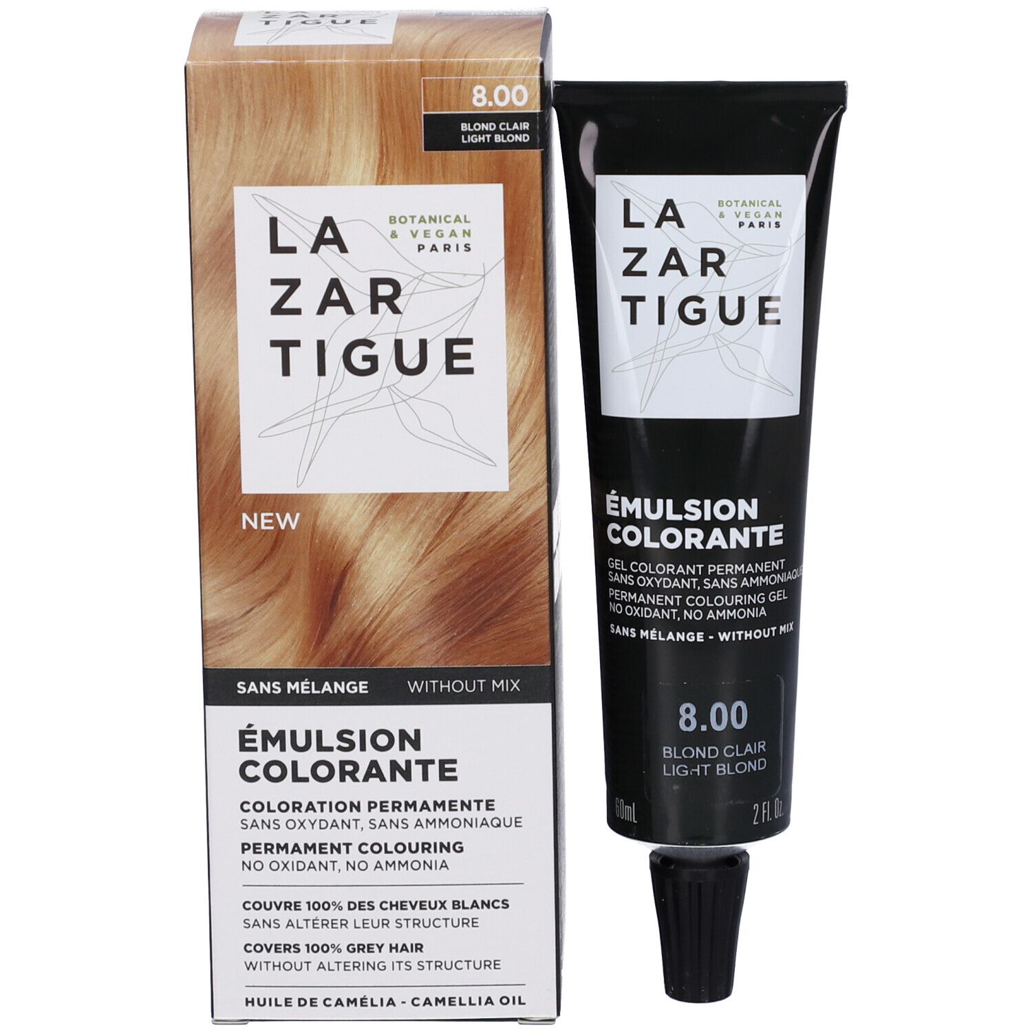 Confezione del prodotto con tubo. Testo: Lazartigue, Émulsion Colorante, 8.00 Blond Clair Light Blond. Con colorazione per capelli.