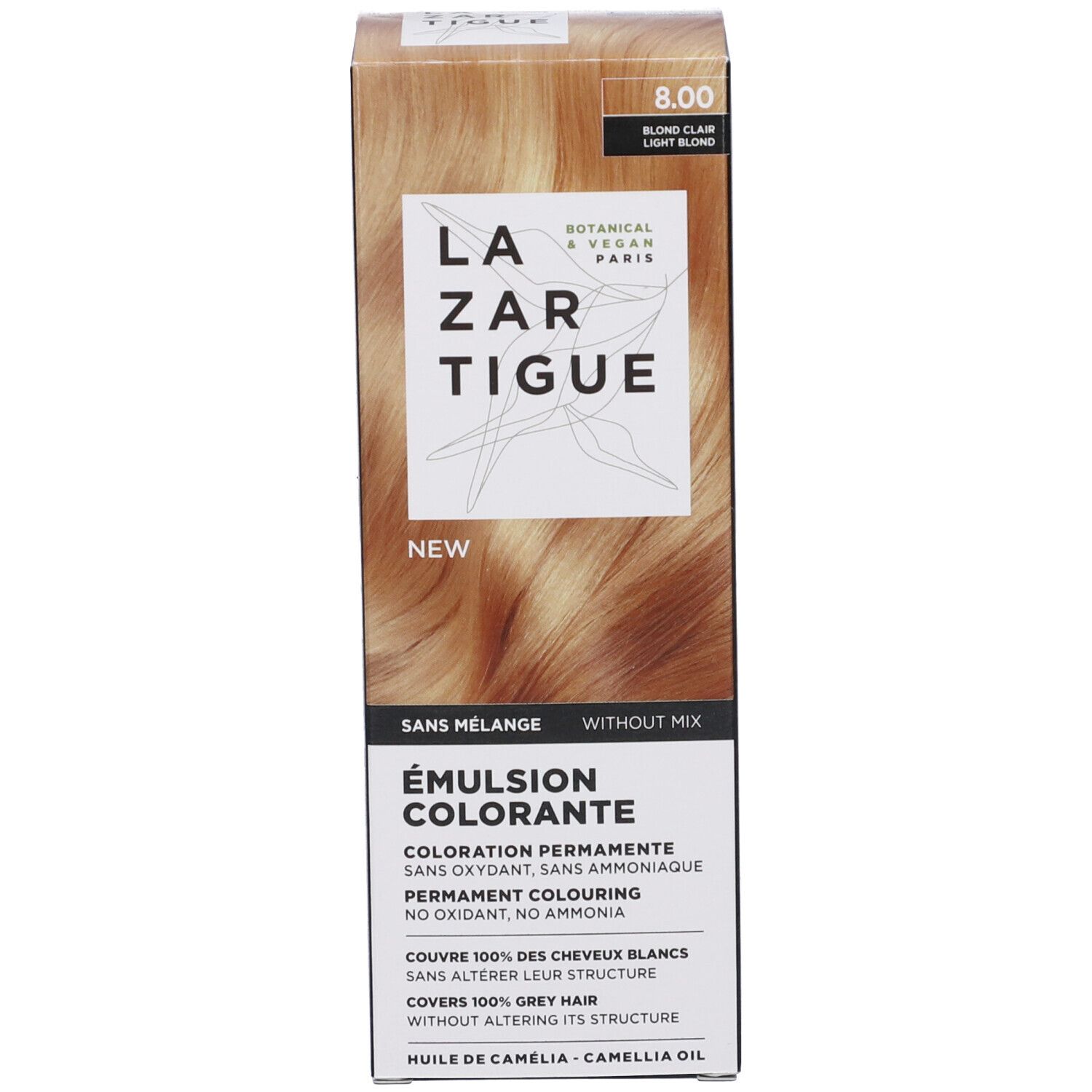 Confezione del prodotto. Testo: Lazartigue, Émulsion Colorante, 8.00 Blond Clair Light Blond. Con colorazione per capelli.