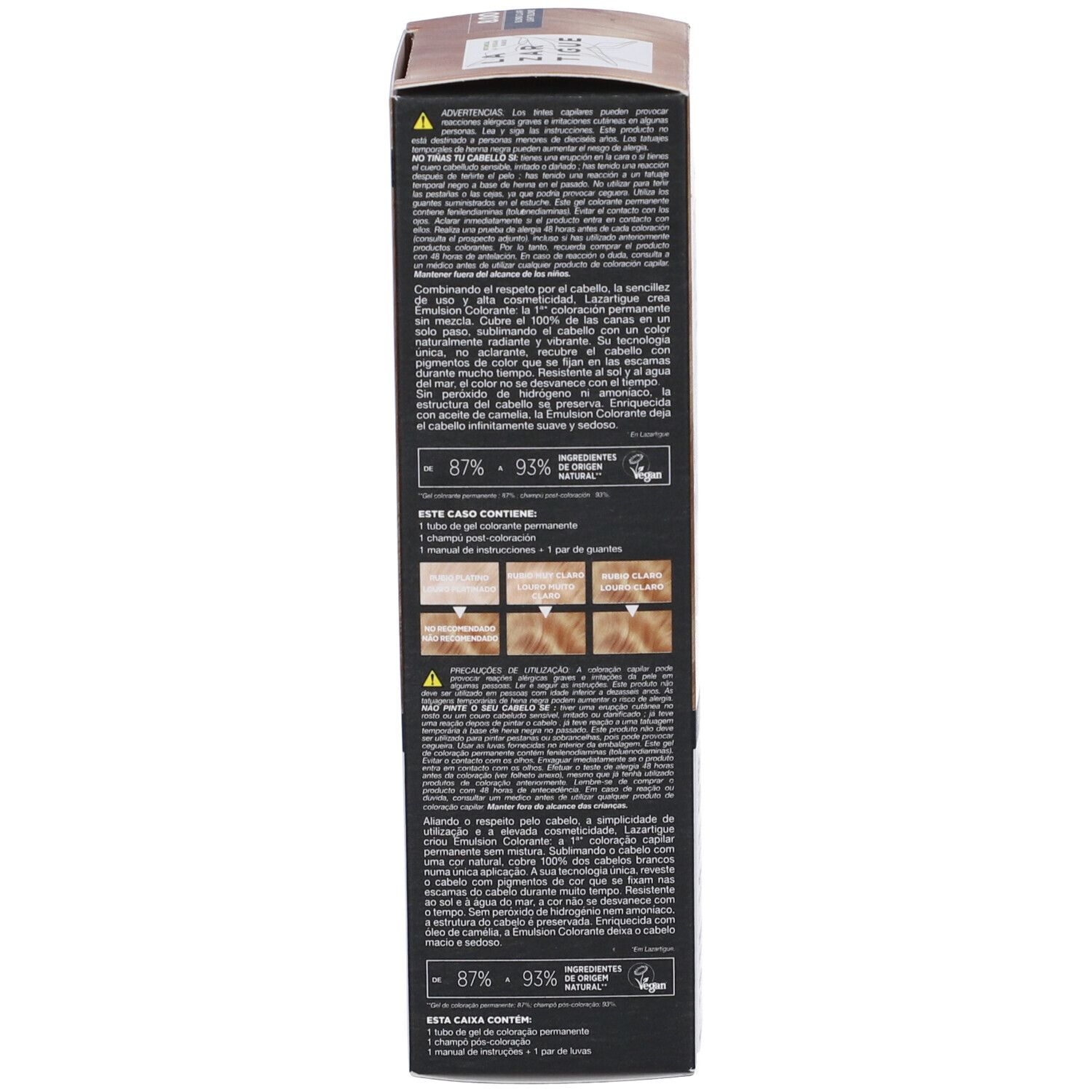 Retro della confezione del prodotto. Testo: Avvertenze, ingredienti, logo Vegan. Contiene un tubo di gel colorante.