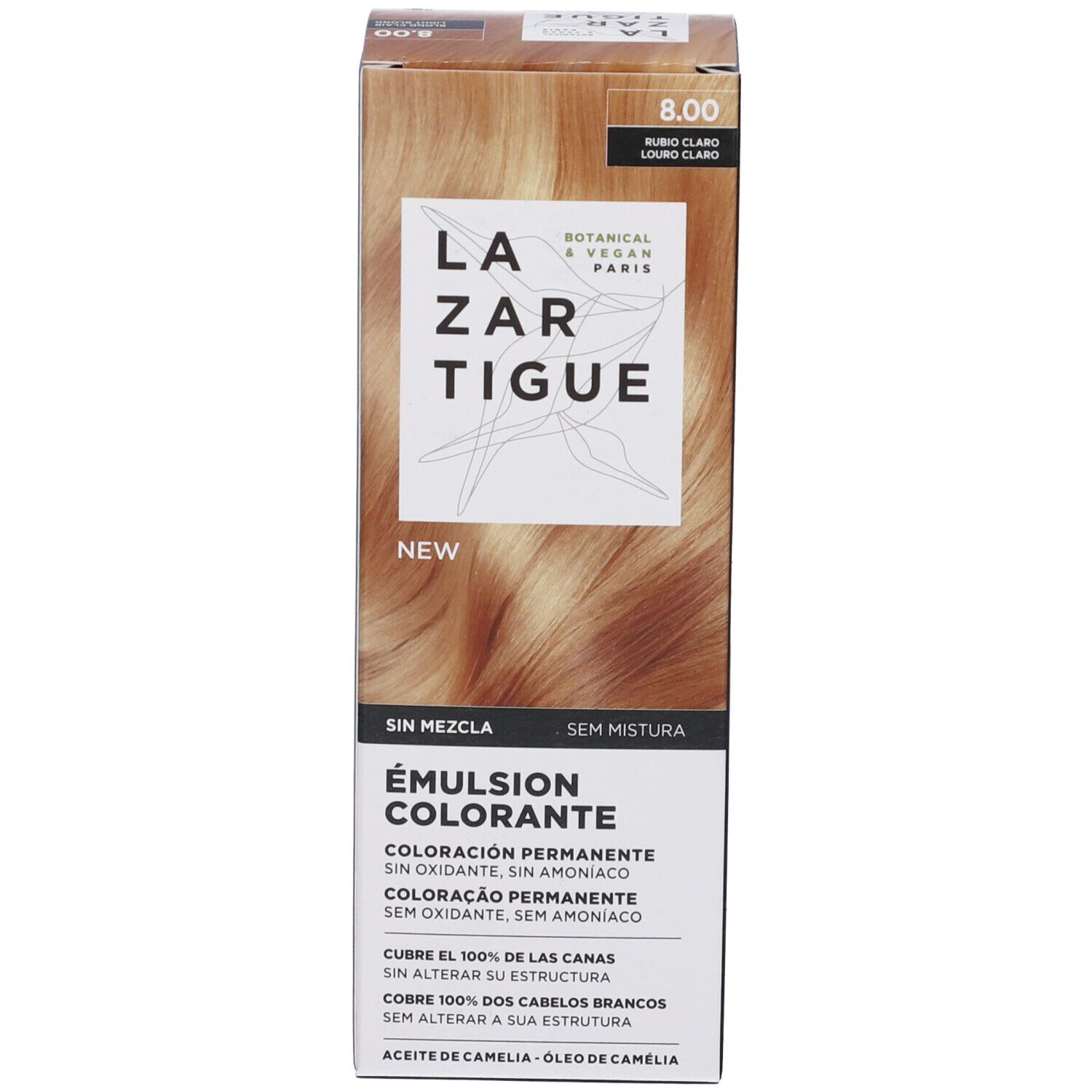 Confezione del prodotto. Testo: Lazartigue, Émulsion Colorante, 8.00 Blond Clair Light Blond. Con colorazione per capelli.