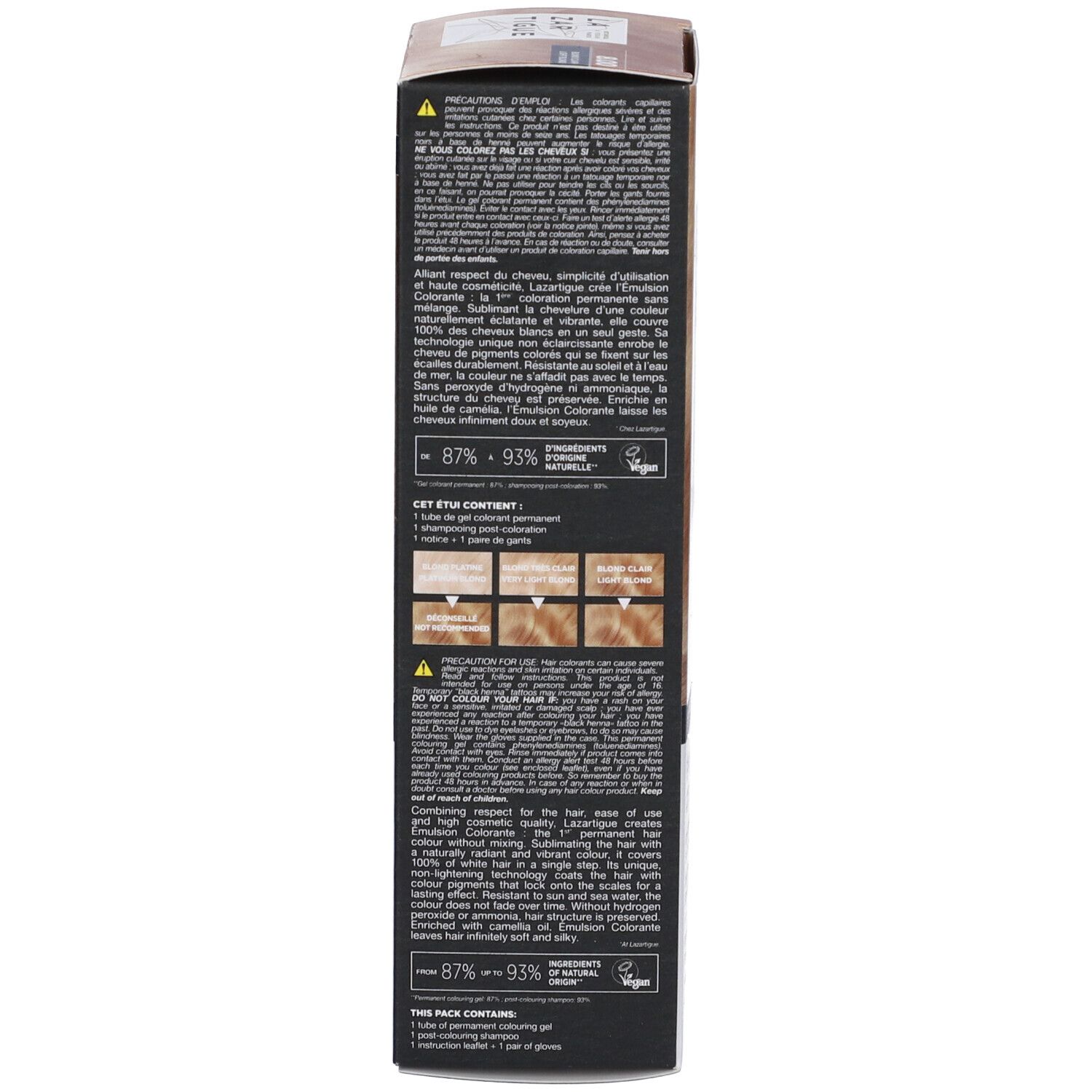 Retro della confezione del prodotto. Testo: Avvertenze, ingredienti, logo Vegan. Contiene un tubo di gel colorante.